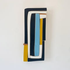 "Blue Zebra " Wall Sculpture- mid century modern, blue, white, yellow, navy, mcm