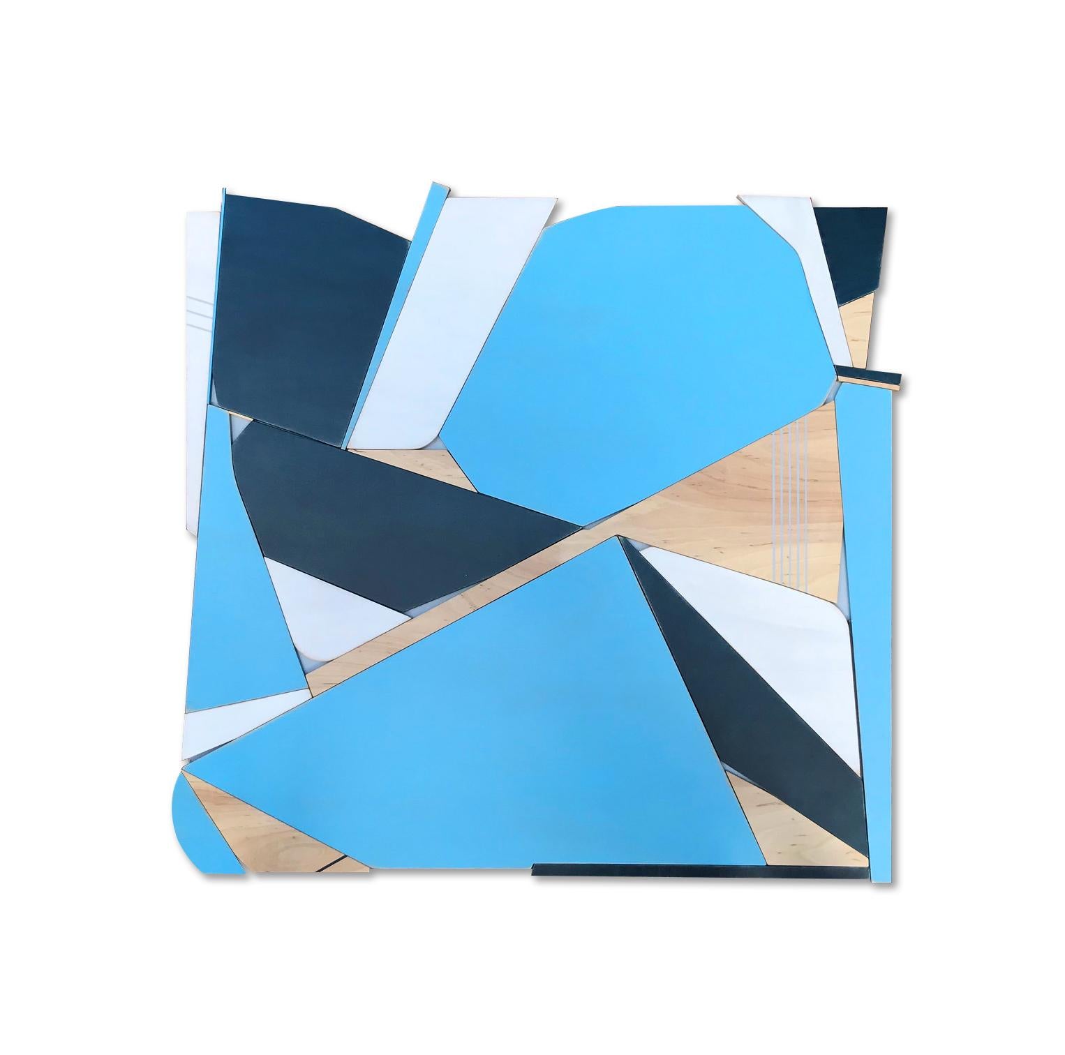 Scott Troxel Abstract Sculpture - "BlueBird" Mixed Media Wall Sculpture (white, monochrome, wood, modern, blue)