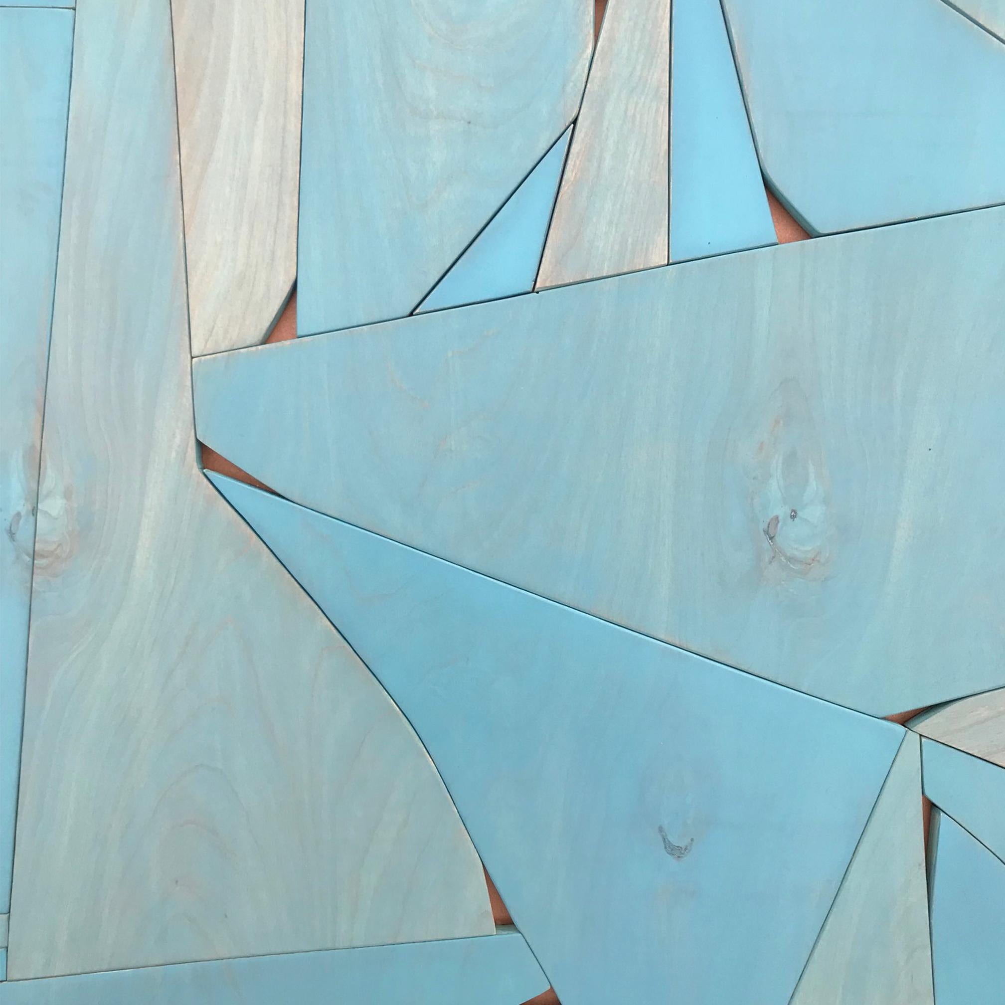 BlueCopper (monochrome light blue wall wood sculpture abstract geometric design - Painting by Scott Troxel