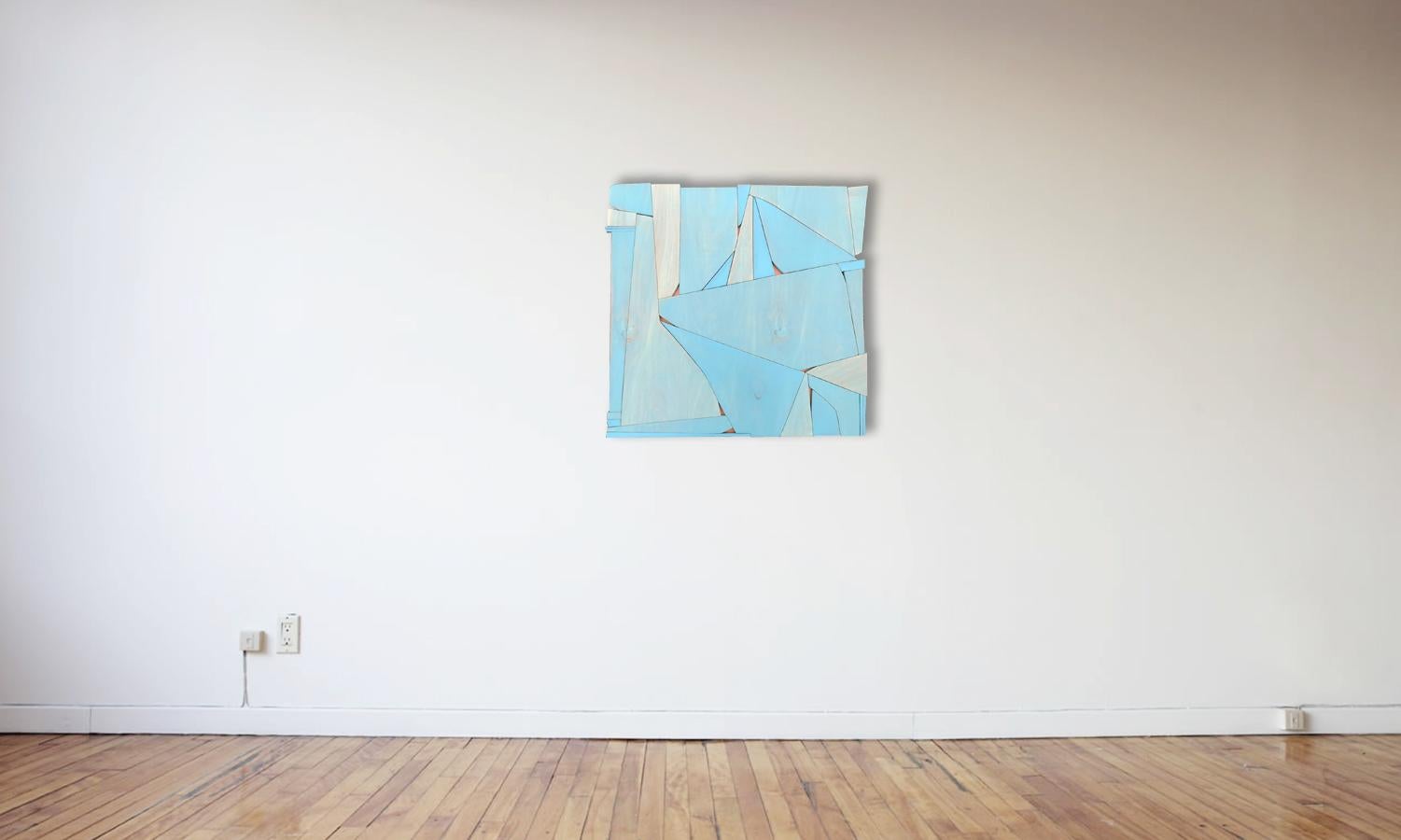 BlueCopper (monochrome light blue wall wood sculpture abstract geometric design - Minimalist Painting by Scott Troxel