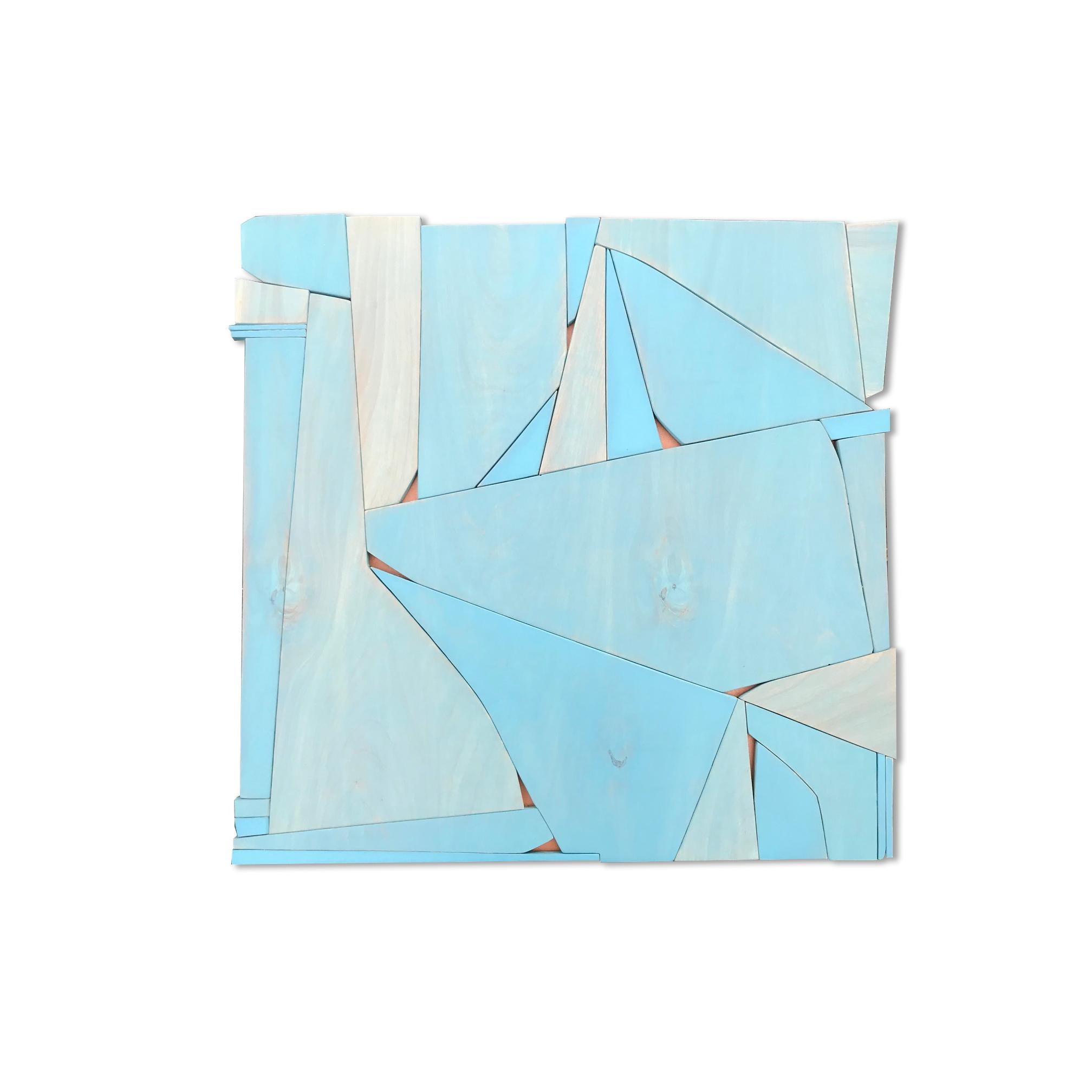 Scott Troxel Abstract Painting - BlueCopper (monochrome light blue wall wood sculpture abstract geometric design