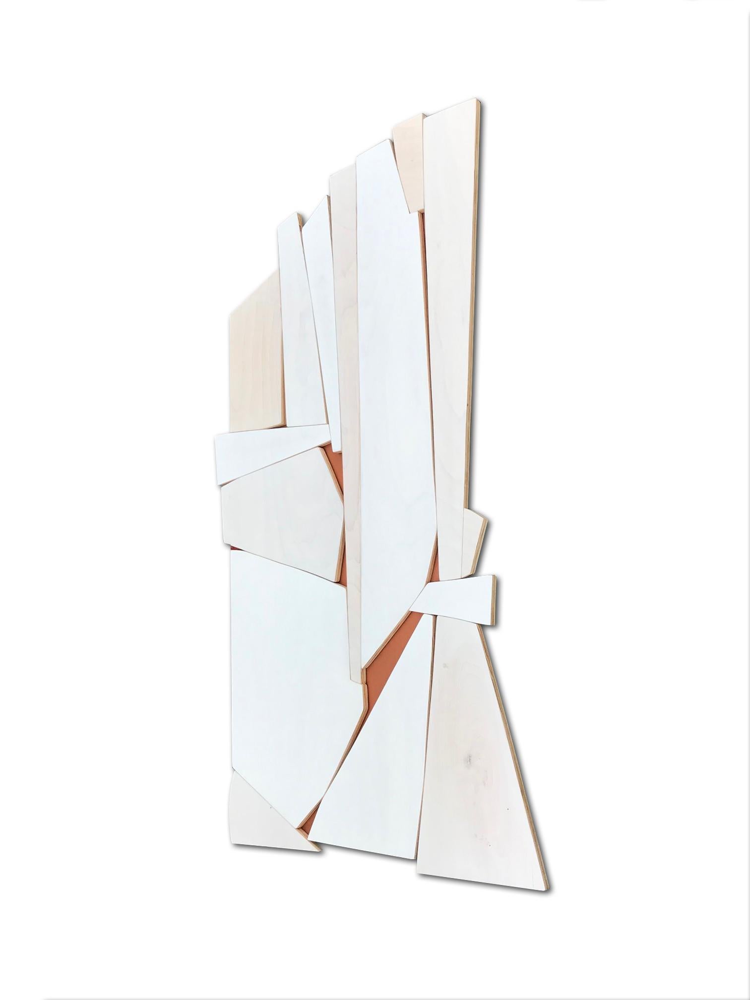 
Cathedral is a mixed media wall sculpture. Made from enamel washes on birch, MDF and copper spray enamel. Finished with a hand waxed process.

Cathedral takes on the abstract form of a soaring building. Perhaps a church spire or other tall building