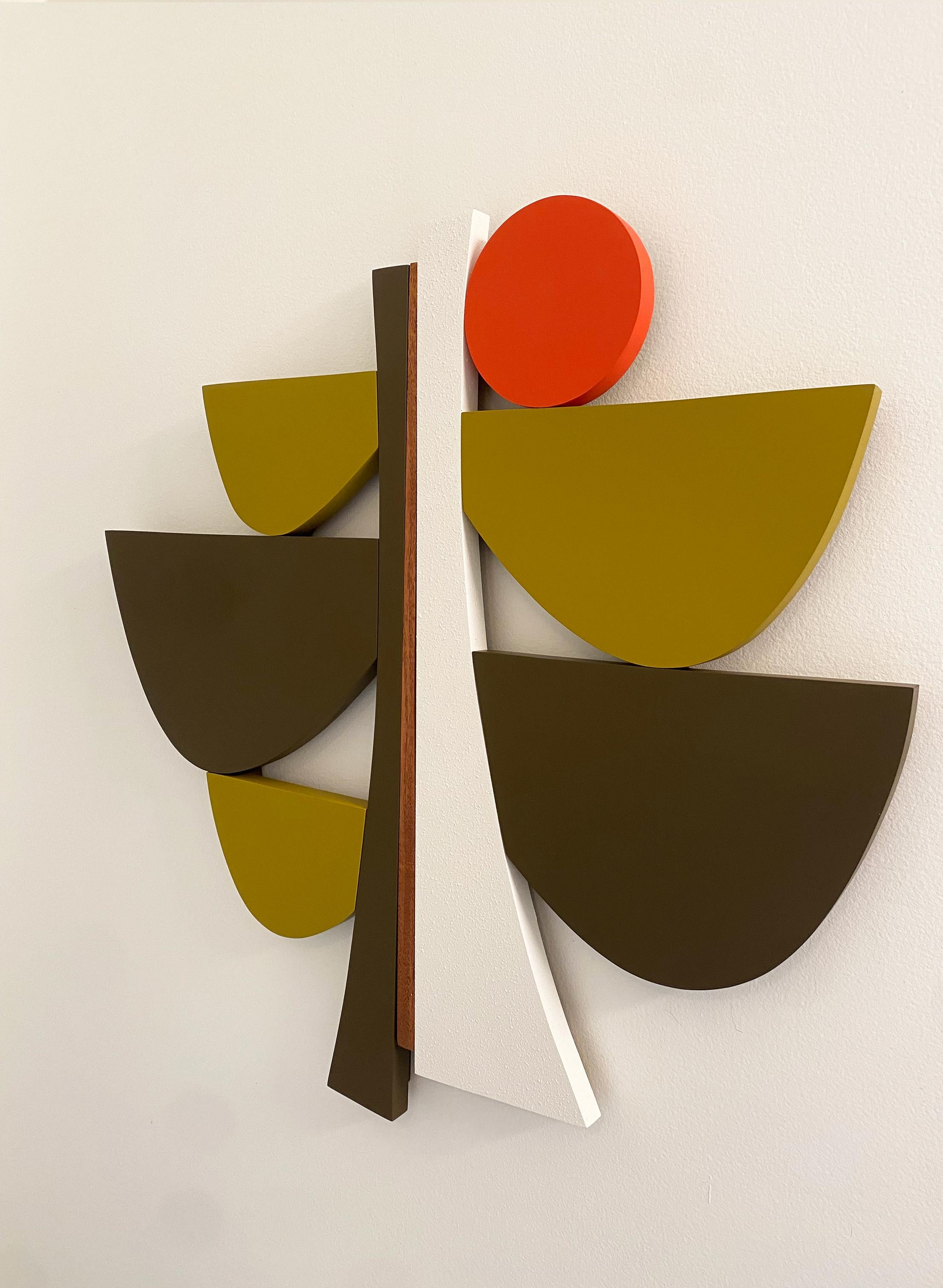 Scott Troxel Abstract Sculpture - "ChocolateOchre" Wall Sculpture mid century modern, white, orange, brown, mcm