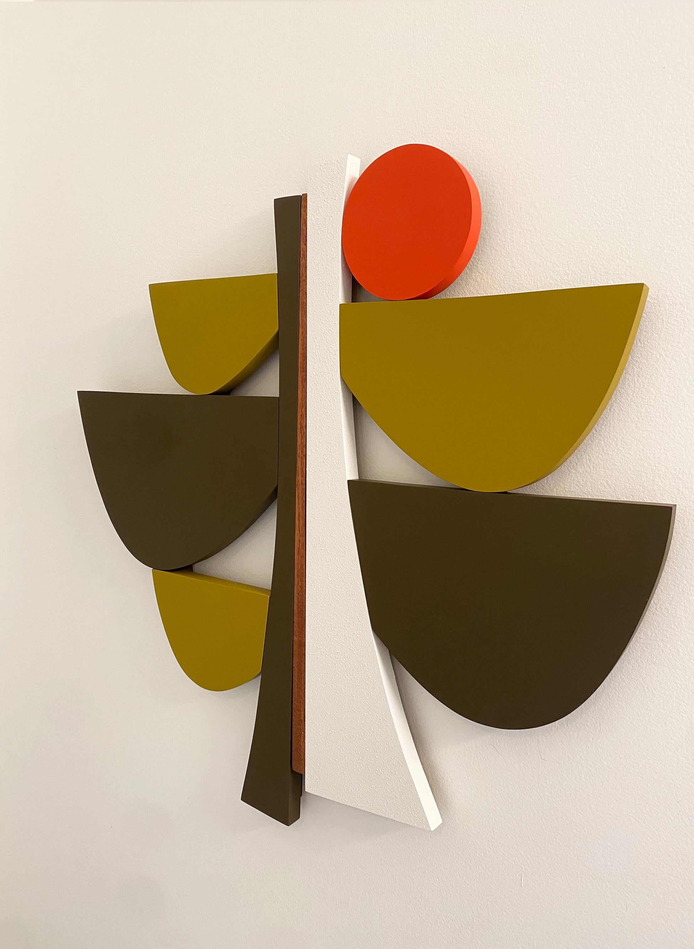 "ChocolateOchre" Wall Sculpture mid century modern, white, orange, brown, mcm - Mixed Media Art by Scott Troxel