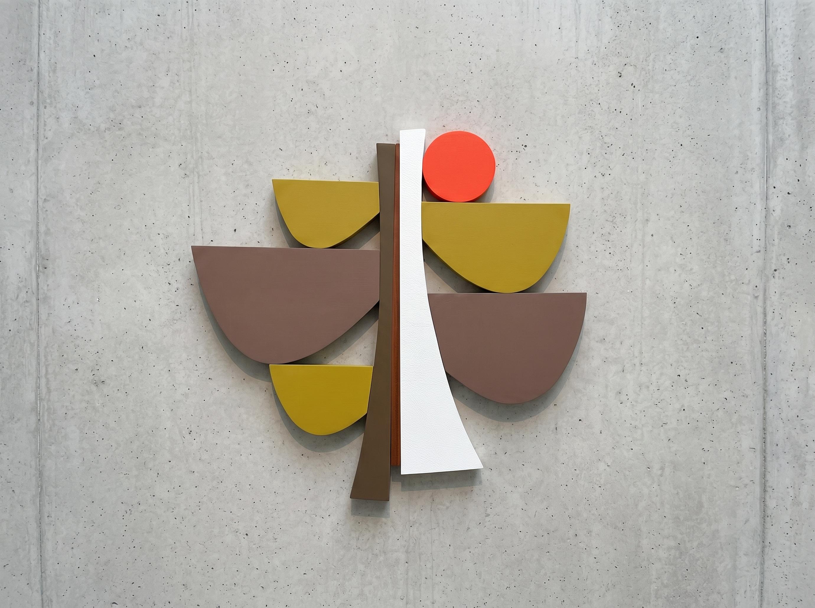 Scott Troxel Abstract Sculpture - "ChocolateOchre" Wall Sculpture mid century modern, white, orange, brown, mcm