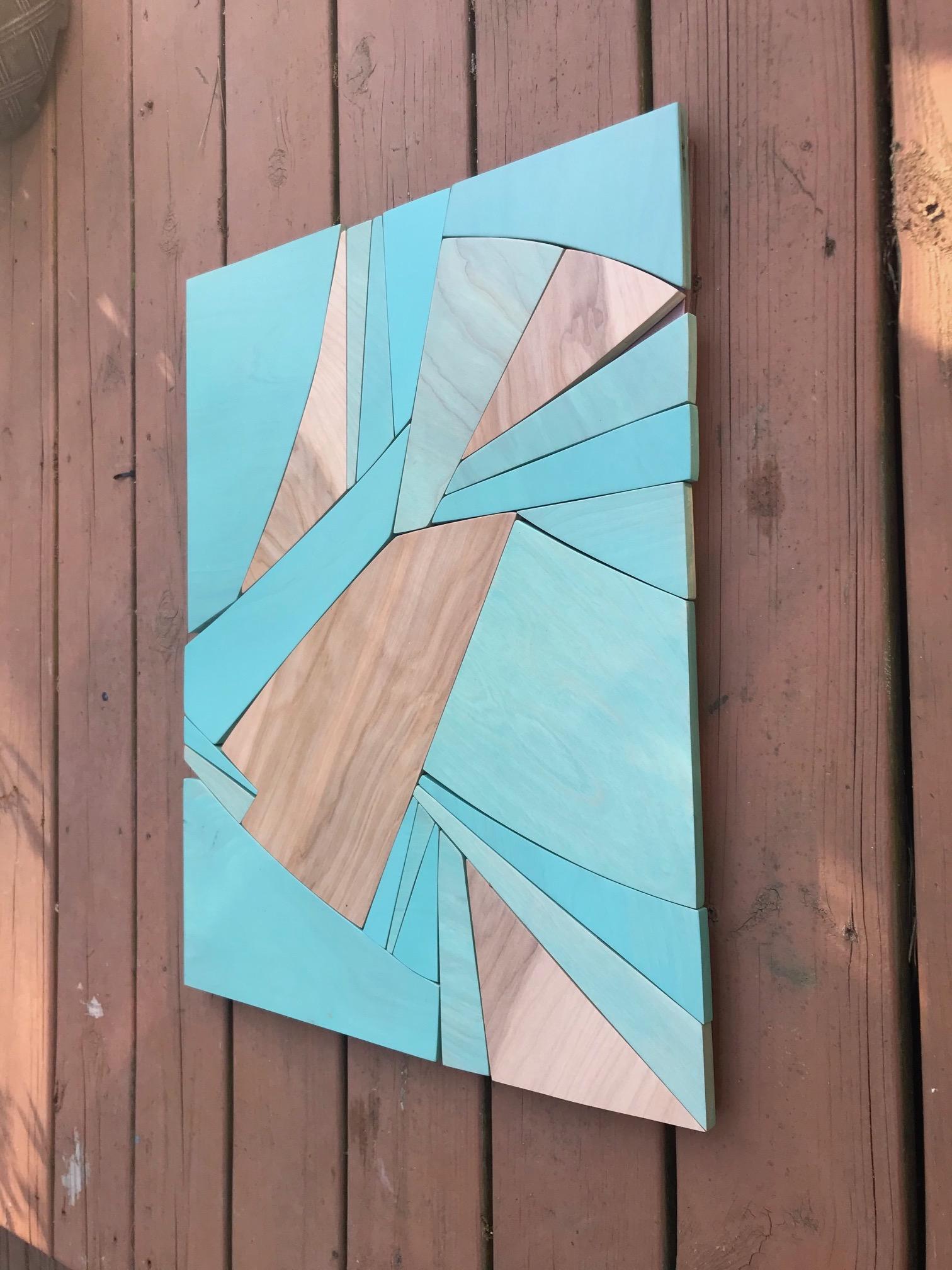 Coastal Span (wood Art Deco wall sculpture minimal geometric modern Azul blue - Blue Abstract Painting by Scott Troxel