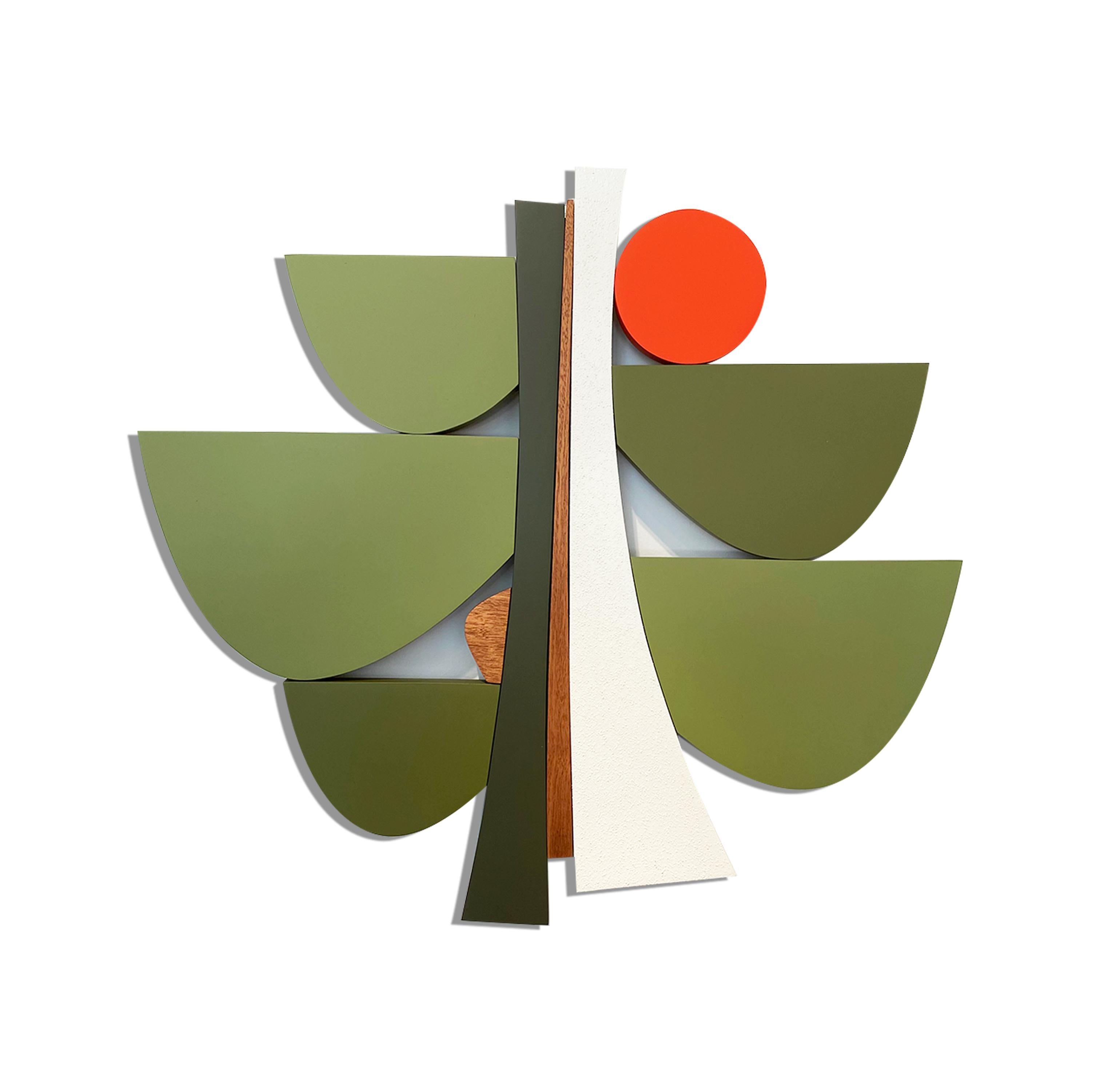 Scott Troxel Abstract Sculpture - "Conifer" Wall Sculpture mid century modern, white, green, olive, wood, orange 