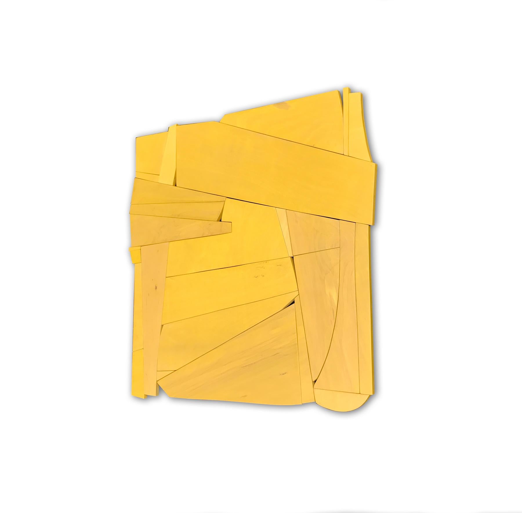 Cornflower II (yellow ochre abstract wall sculpture minimal geometric design ) - Brown Abstract Painting by Scott Troxel