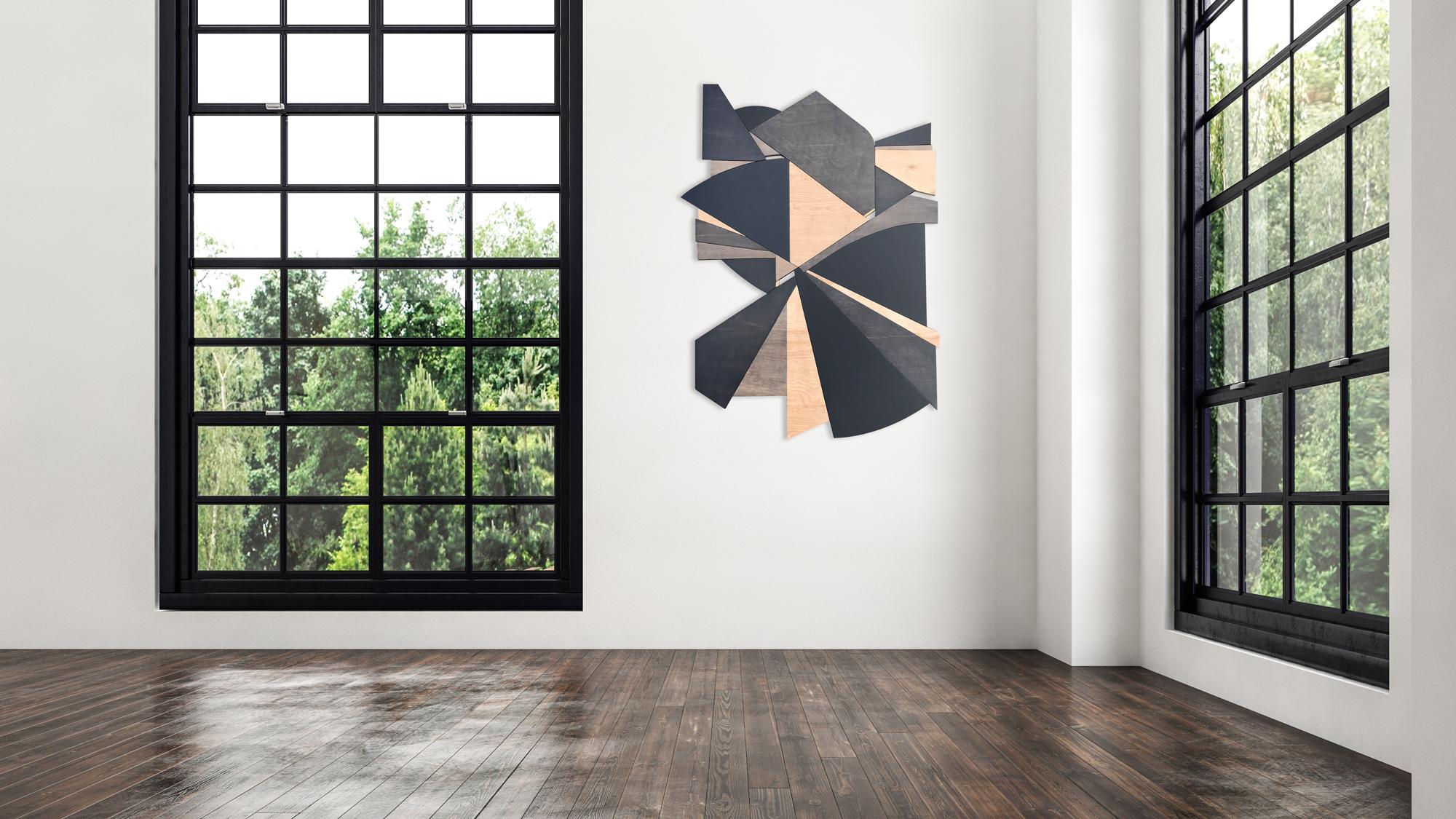 „Deceptor“ Mixed Media-Wandskulptur  (Holz, schwarz, hellbraun, monochrom, mcm) (Moderne), Mixed Media Art, von Scott Troxel