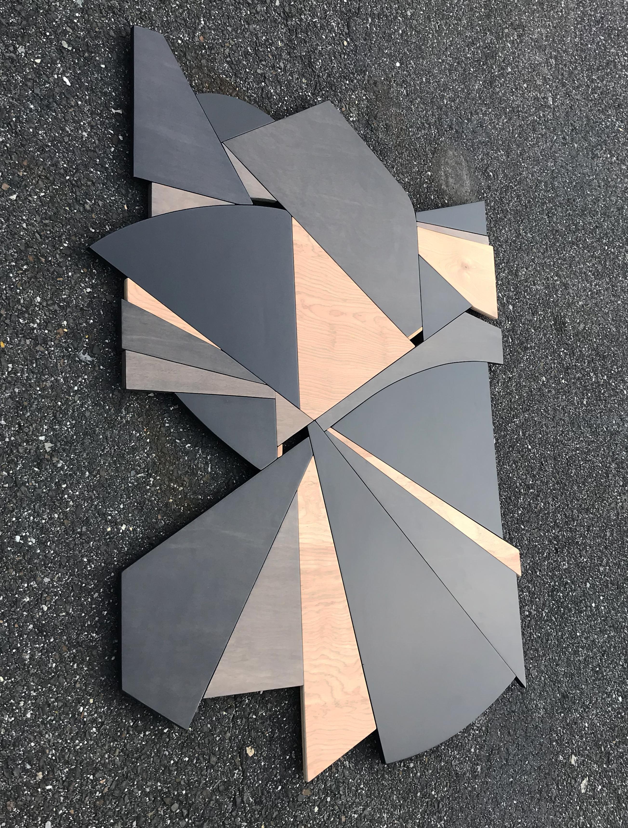 Deceptor is a minimalist, monochromatic and contemporary wall sculpture. It is constructed with birch panels, acrylic washes and completed with a satin lacquer finish. The paint is slightly distressed giving the piece more texture and interest. The