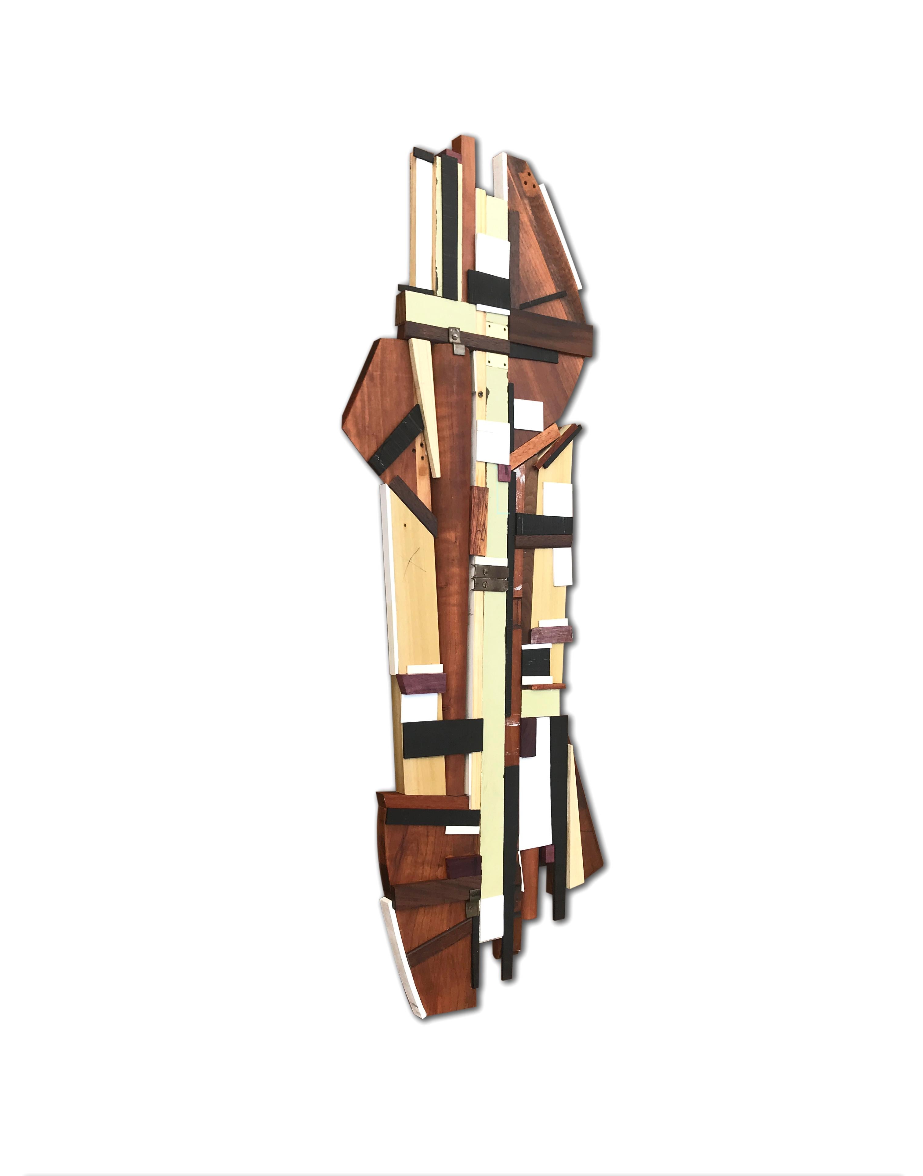 Dechamp (modern abstract wall sculpture natural wood geometric design neutrals) - Painting by Scott Troxel