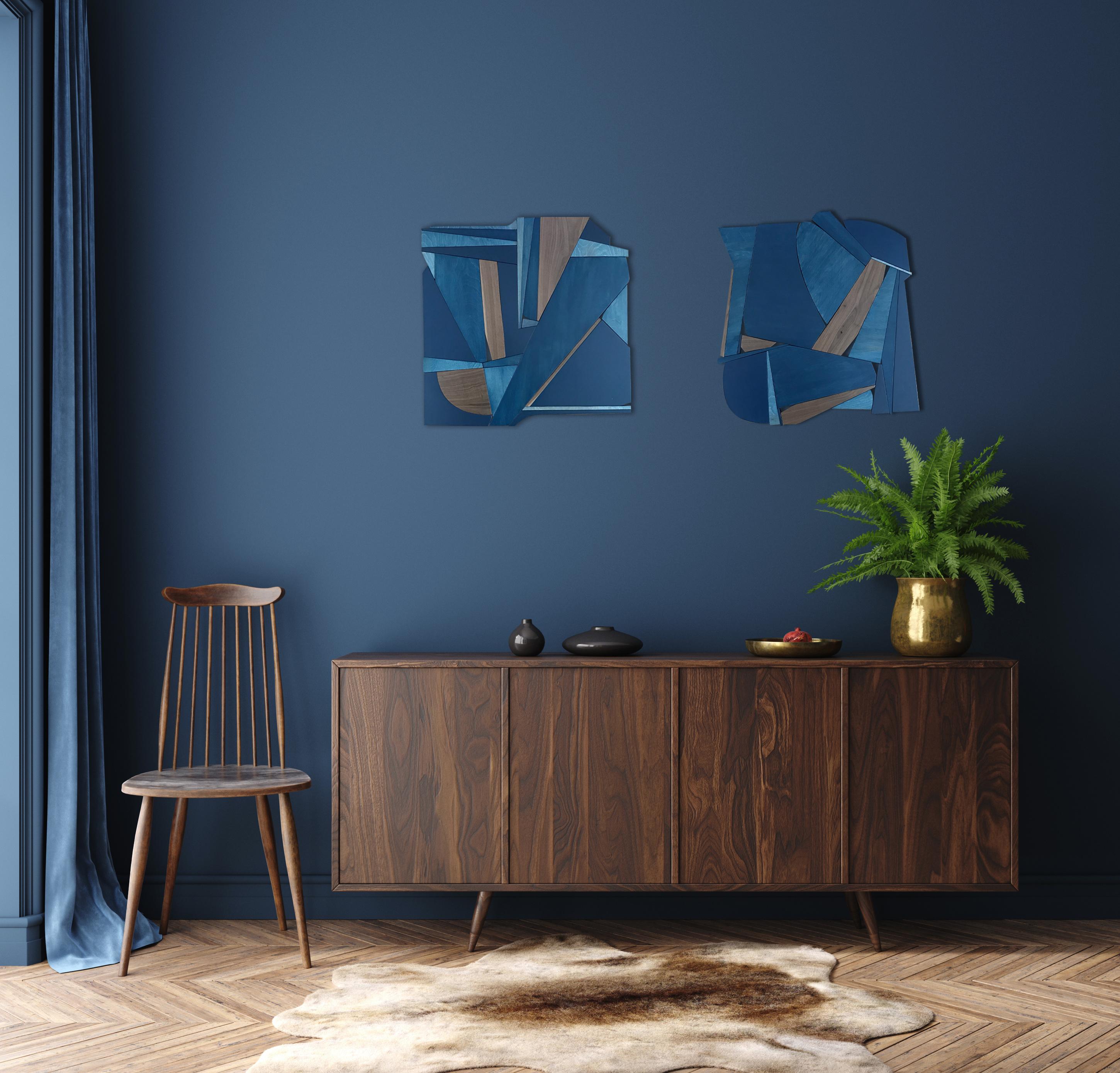Denim Blue I (modern abstract wall sculpture minimal monochrome art deco wood) 1