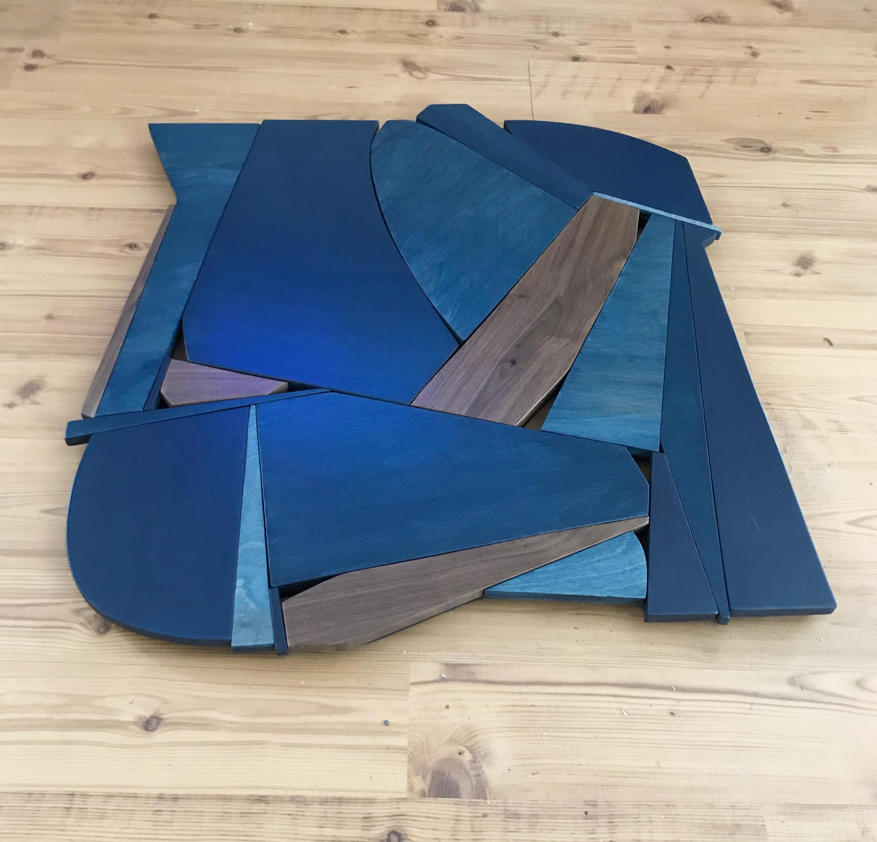 Denim Blue I (modern abstract wall sculpture minimal monochrome art deco wood) 2