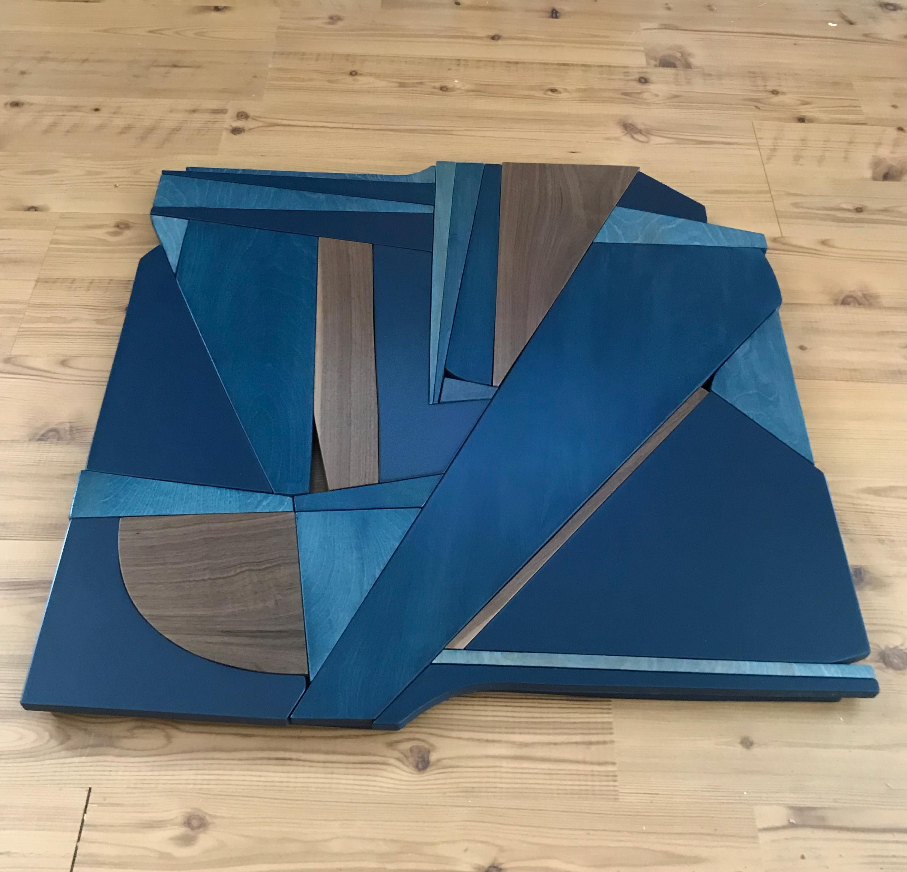 Denim Blue II (modern abstract wall sculpture minimal monochrome art deco wood) 1