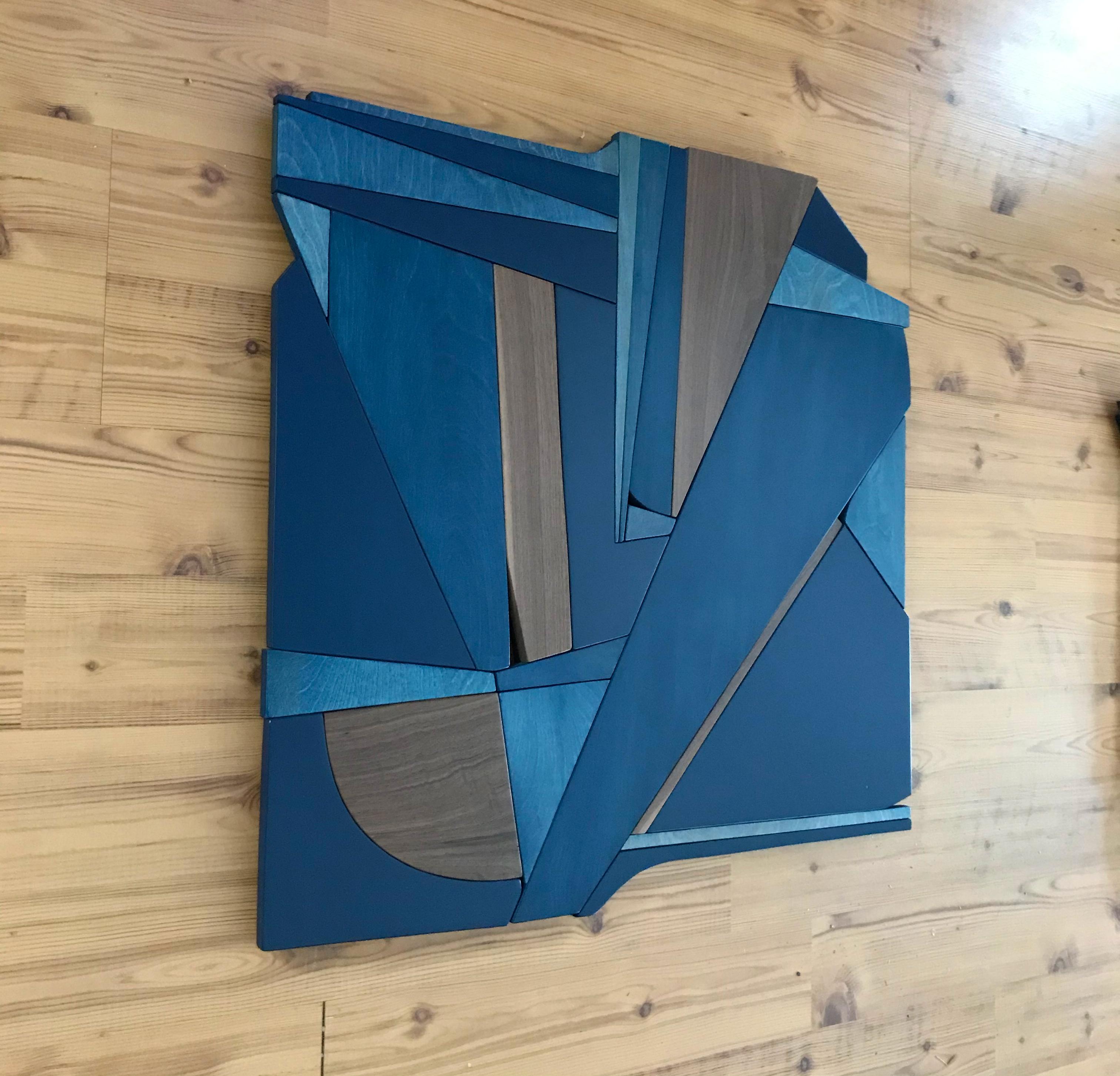 Denim Blue II (modern abstract wall sculpture minimal monochrome art deco wood) 2