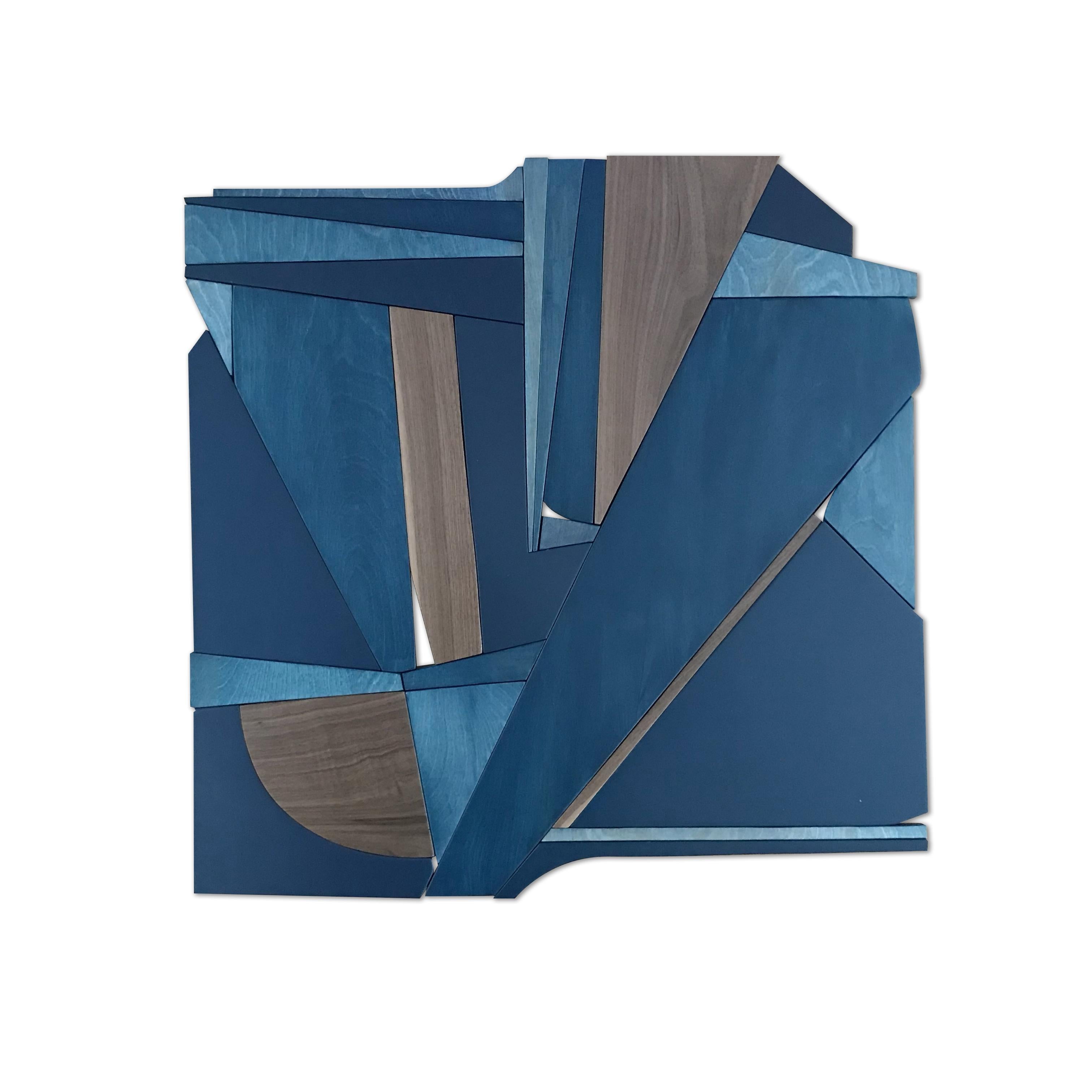 Denim Blue II (modern abstract wall sculpture minimal monochrome art deco wood) - Mixed Media Art by Scott Troxel
