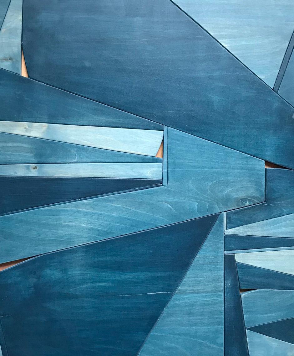 Denim II (blue art modern abstract minimal monochrome design wood wall sculpture - Sculpture by Scott Troxel