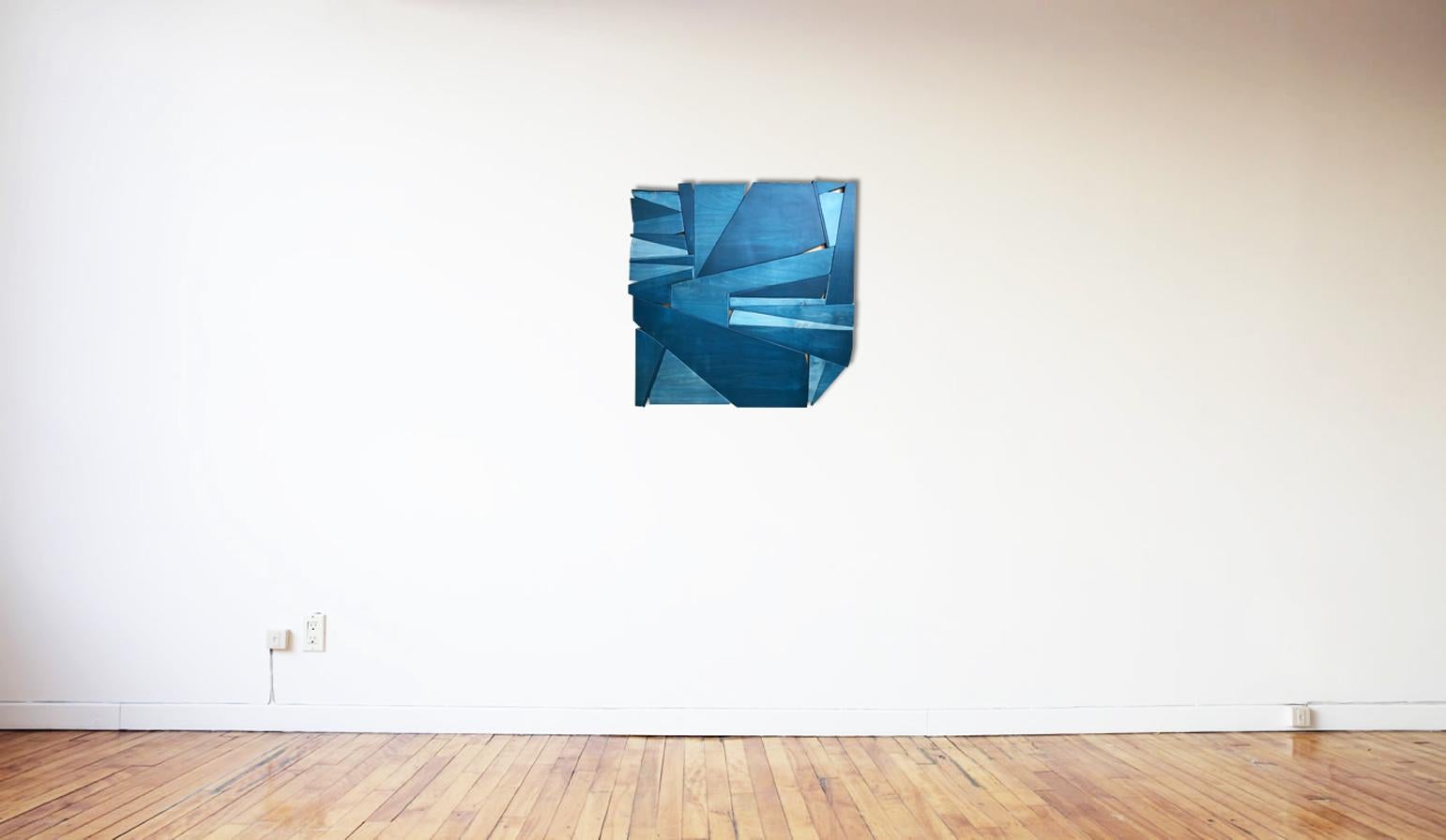 Denim II (blue art modern abstract minimal monochrome design wood wall sculpture - Abstract Geometric Sculpture by Scott Troxel