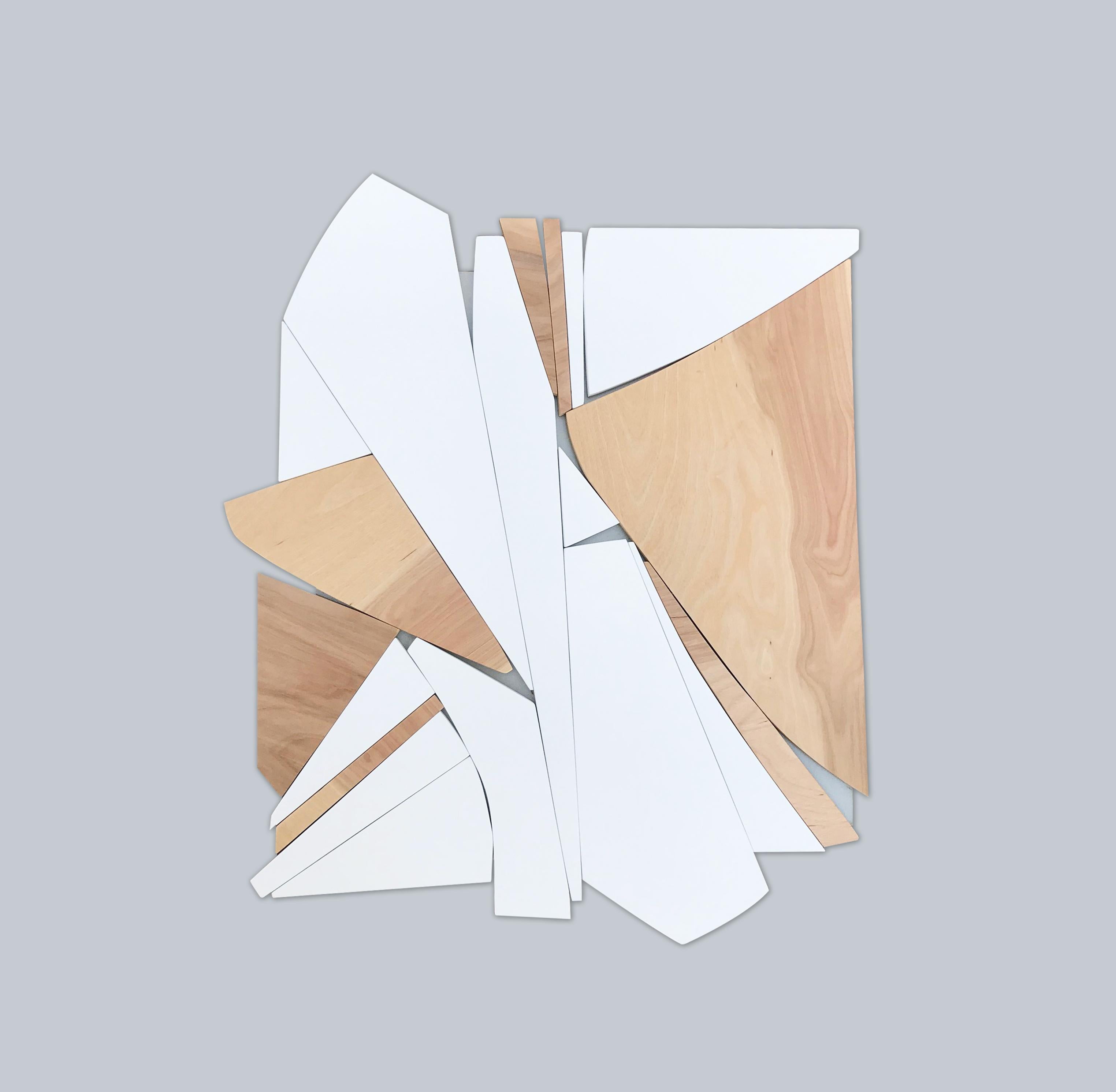 Divergence is an elegant modern and minimalist contemporary wall sculpture. It is constructed with birch panels, acrylic washes and completed with a semi-gloss lacquer finish. It is completed with a champagne gold automotive enamel backer. The