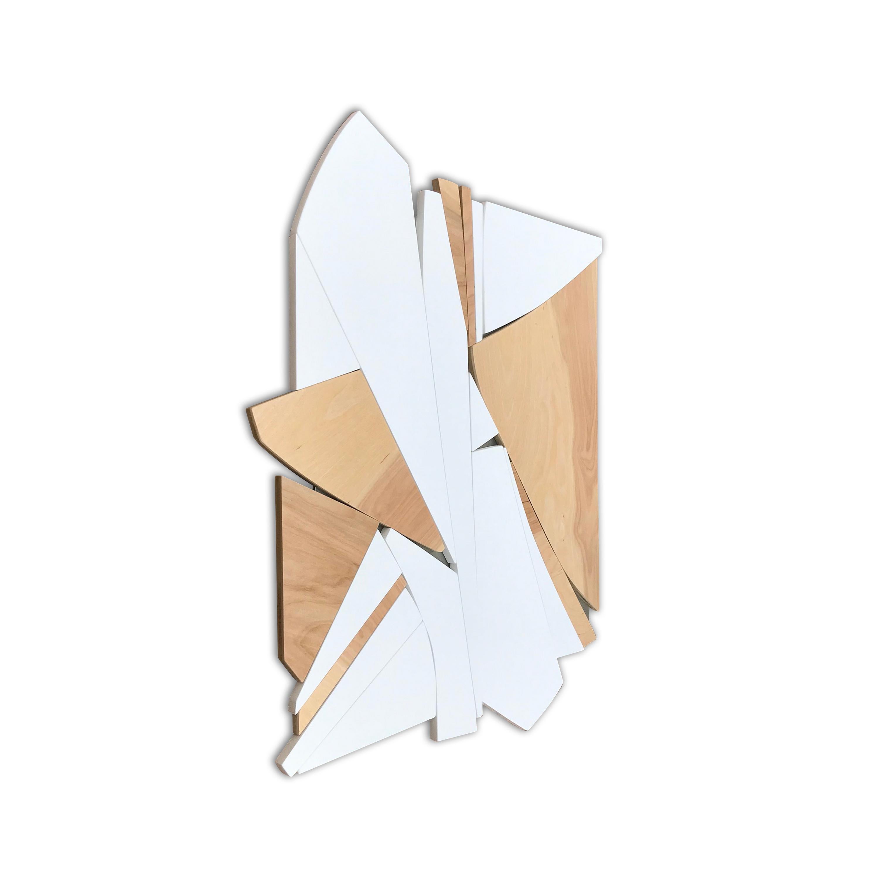 Divergence is an elegant modern and minimalist contemporary wall sculpture. It is constructed with birch panels, acrylic washes and completed with a semi-gloss lacquer finish. It is completed with a champagne gold automotive enamel backer. The