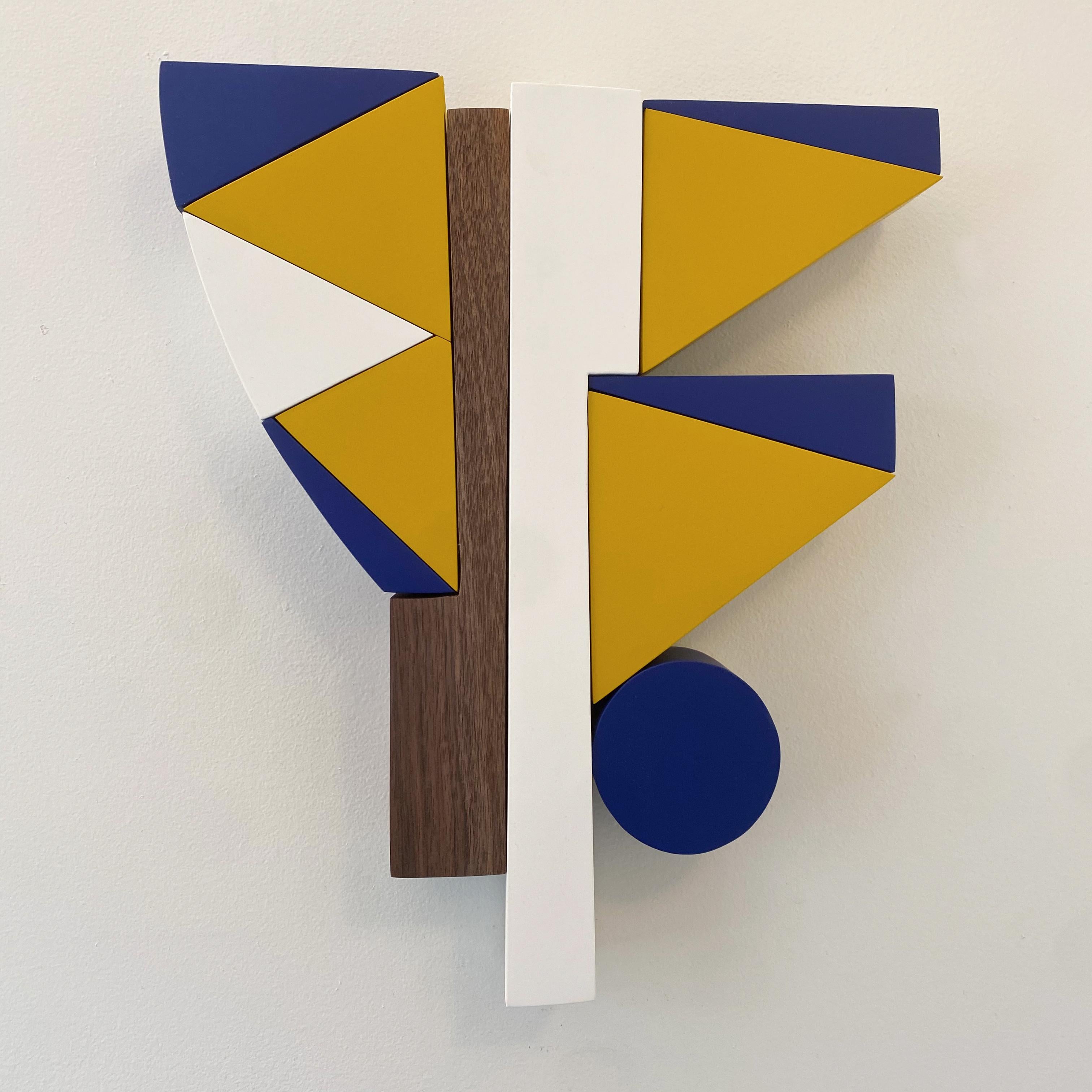 "Harbor Flags" Wall Sculpture mid century modern, blue, yellow, mcm, brown bold - Mixed Media Art by Scott Troxel