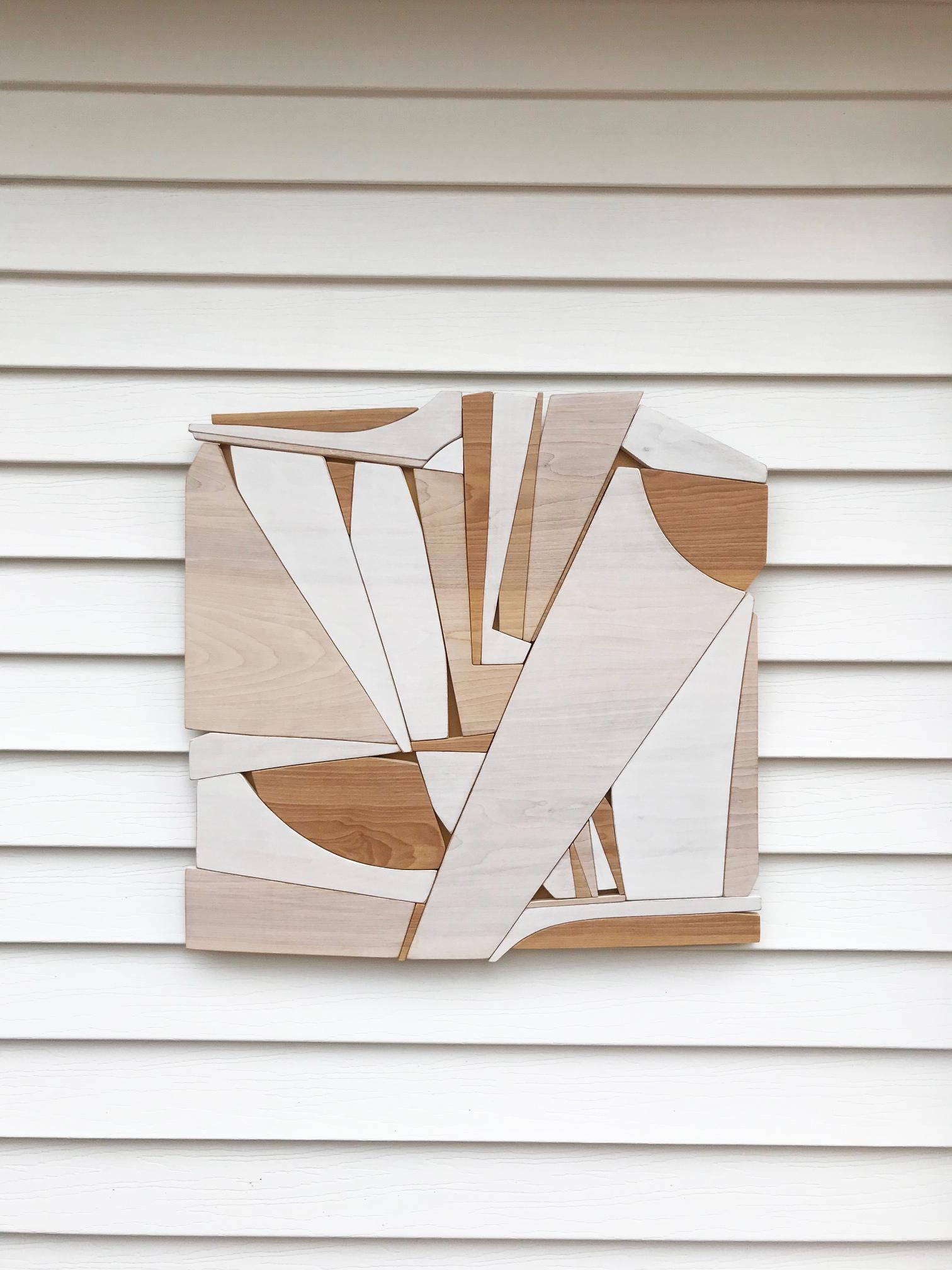 Leisure Class is a discreet and elegant minimalist contemporary wall sculpture. It is
constructed with birch panels, acrylic washes and completed with a hand waxed
finish. The acrylic wash allows the wood grain to show through the paint and