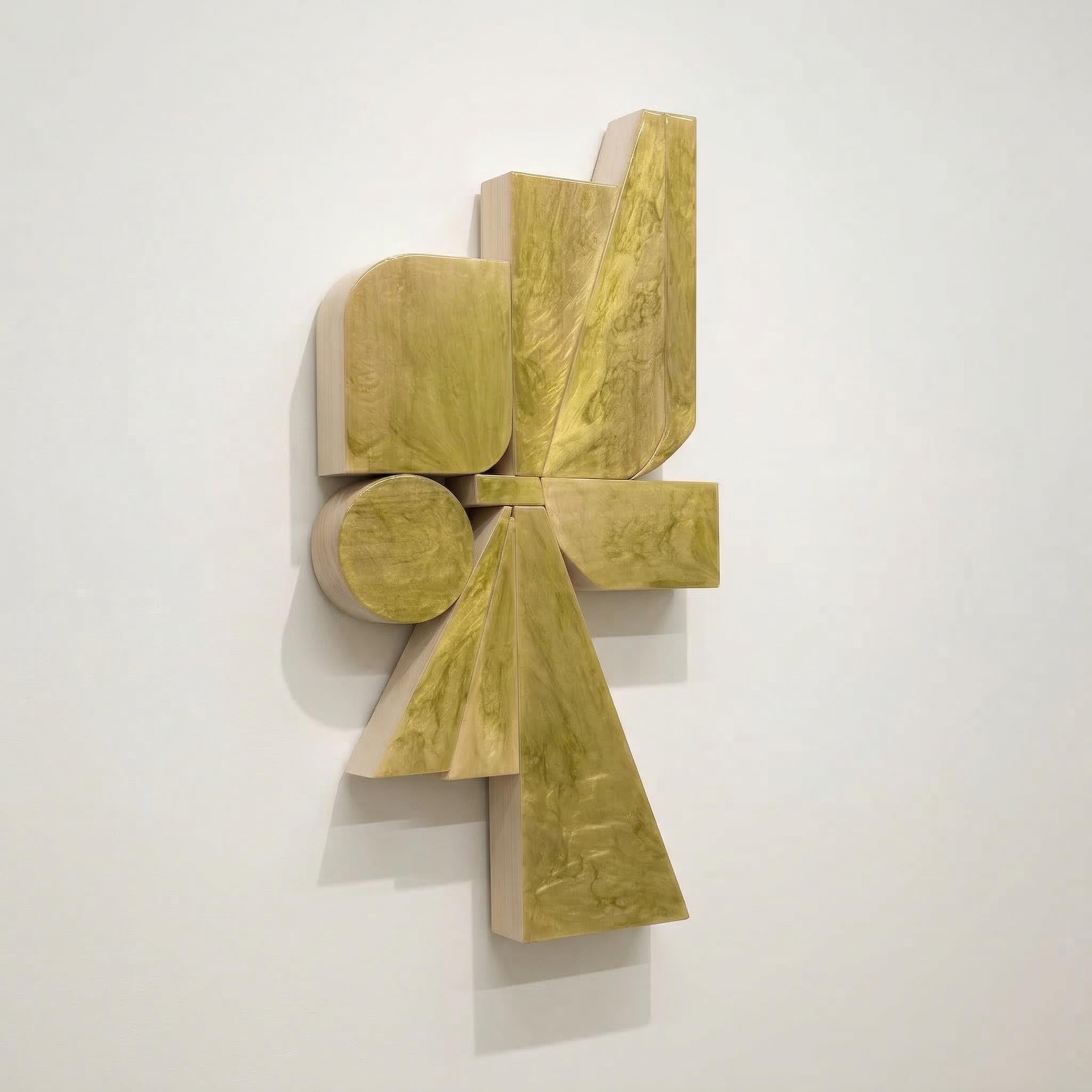 "Lomi" Yellow Mid Century Modern Geometric Wood Wall Sculpture by Scott Troxel