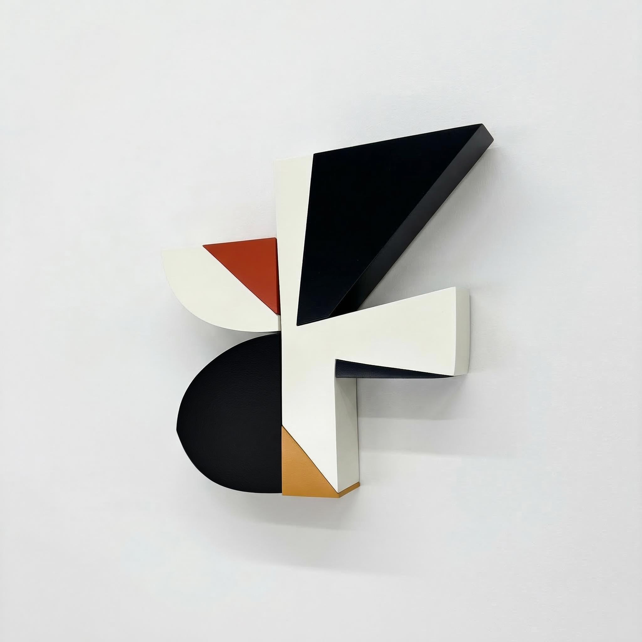 "Metro" is a captivating wall sculpture that brings modernist design to life. Expertly crafted from solid poplar wood, this piece showcases a sophisticated interplay of cream, black, burnt orange, and ochre. The flawless satin paint finish