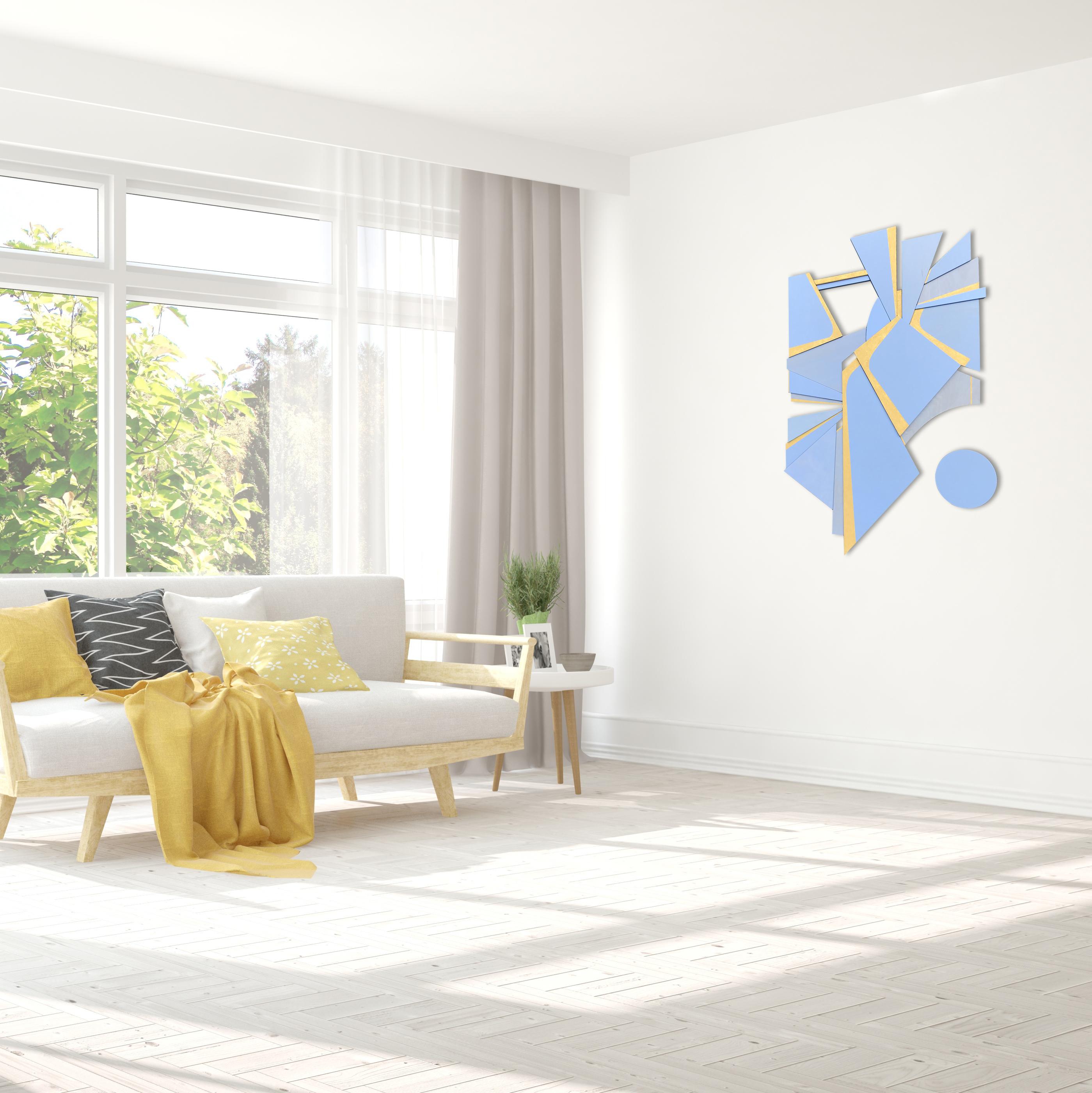 „Modulus II“ Holz-Wandskulptur – Moderne, blau, periwinkle, Gold, Mitte des Jahrhunderts im Angebot 3