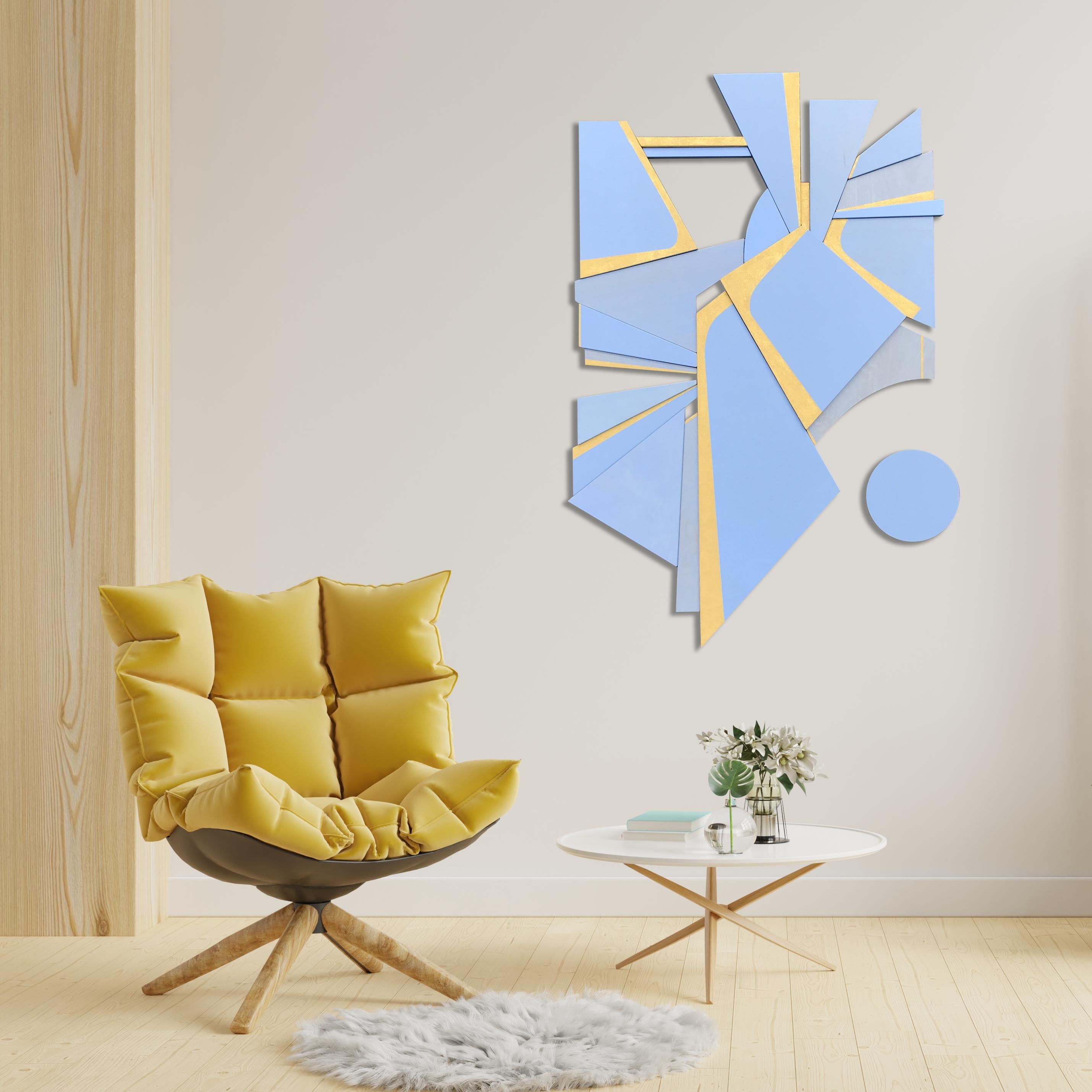 „Modulus II“ Holz-Wandskulptur – Moderne, blau, periwinkle, Gold, Mitte des Jahrhunderts im Angebot 6