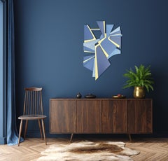 Escultura de pared "Modulus" de técnica mixta (azul marino, dorado, madera, azul, monocromo)
