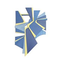 Escultura de pared "Modulus" de técnica mixta (azul marino, dorado, madera, azul, monocromo)
