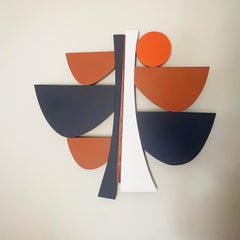 "Navy Bourbon" Wall Sculpture mid century modern, white, navy, wood, orange blue