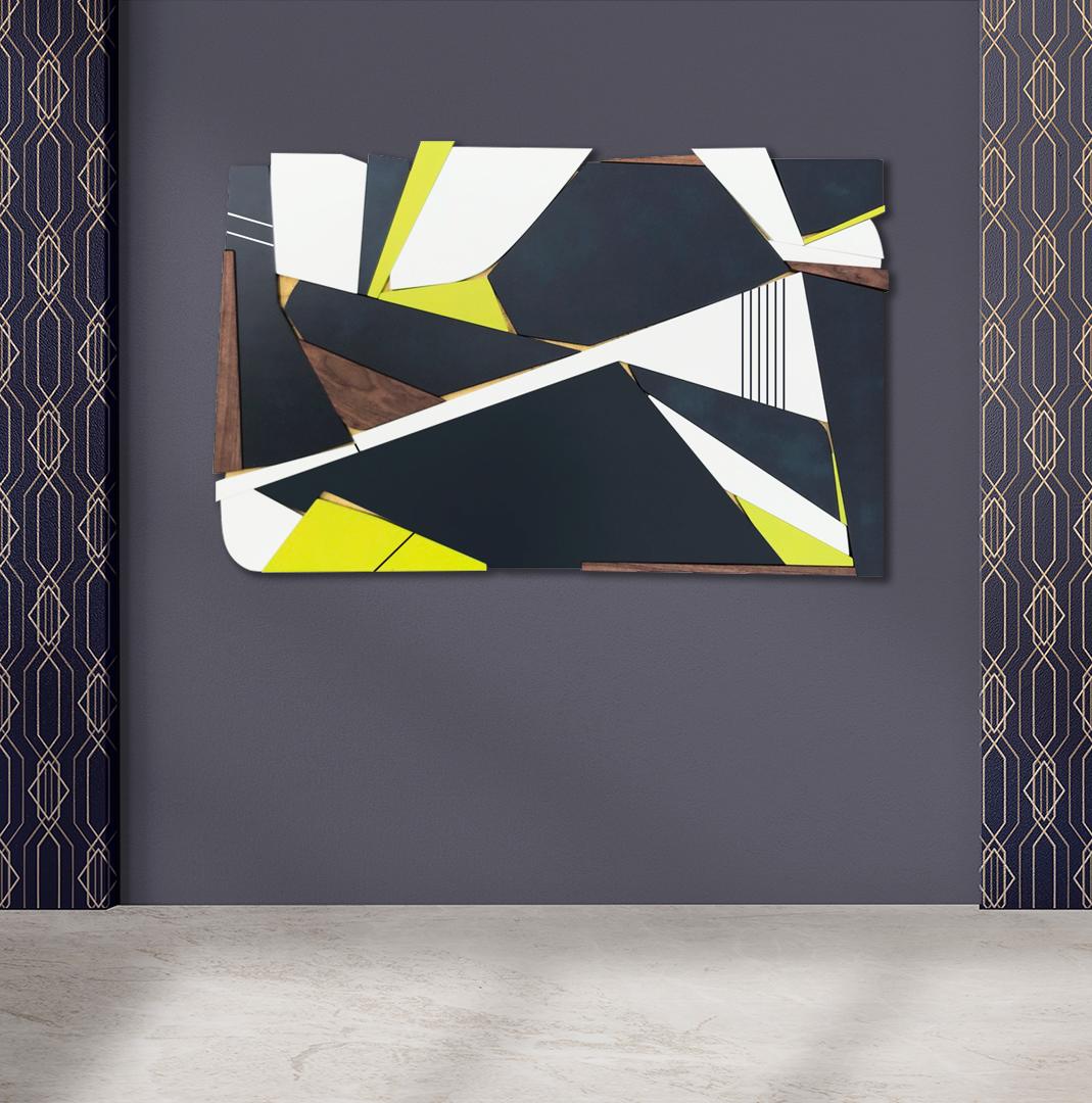 „NavyCitron“-Holz-Wandskulptur – marineblau, gold, lime, gelb, weiß, Walnussholz, kühn (Moderne), Mixed Media Art, von Scott Troxel