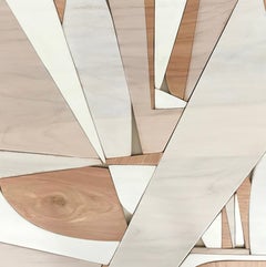 "Parallax III" Mixed Media Wandskulptur -Holz, weiß, monochrom, braun, MCM