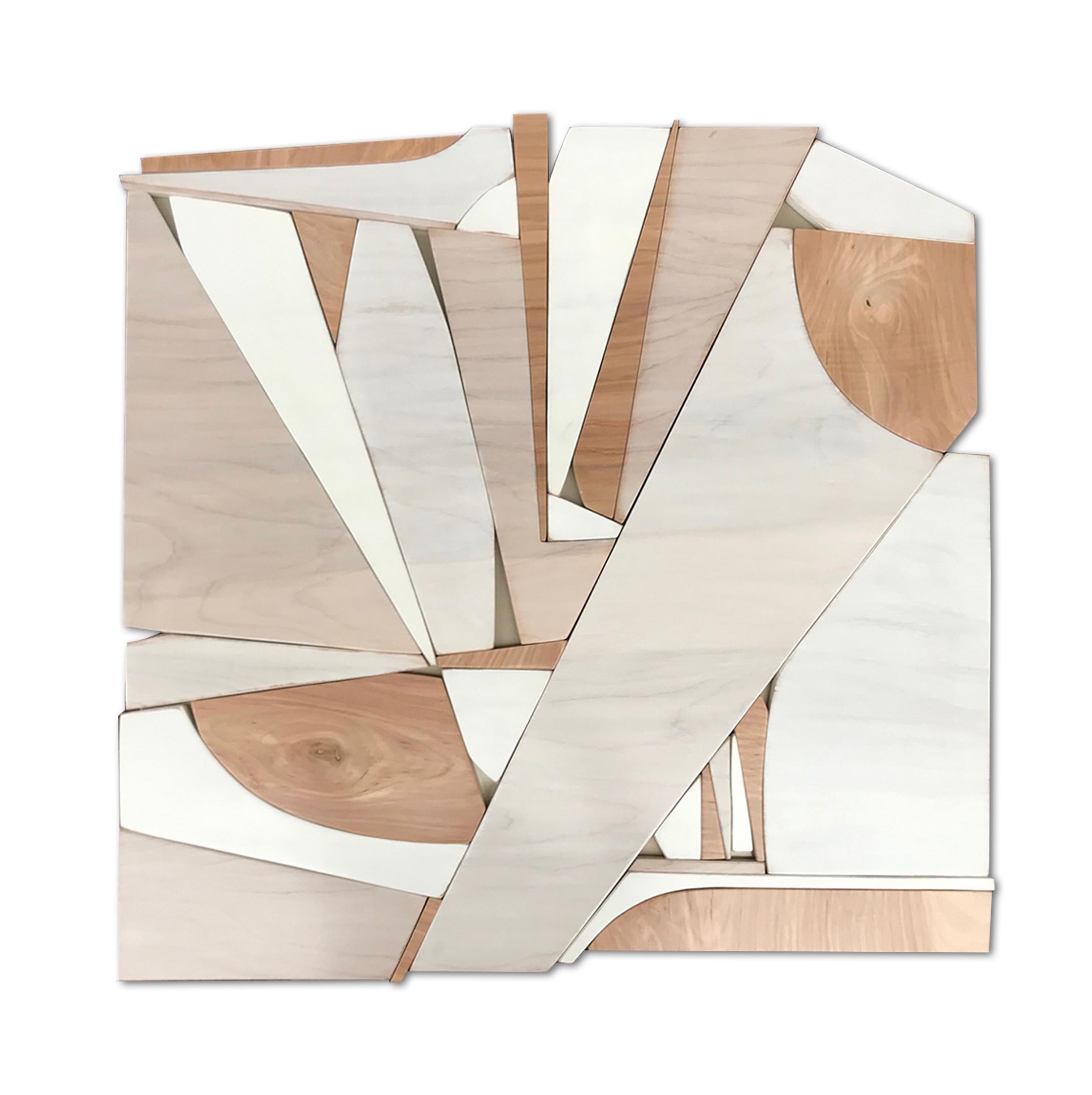 Scott Troxel Abstract Sculpture - "Parallax III" Mixed Media Wall Sculpture -wood, white, monochrome, brown, mcm