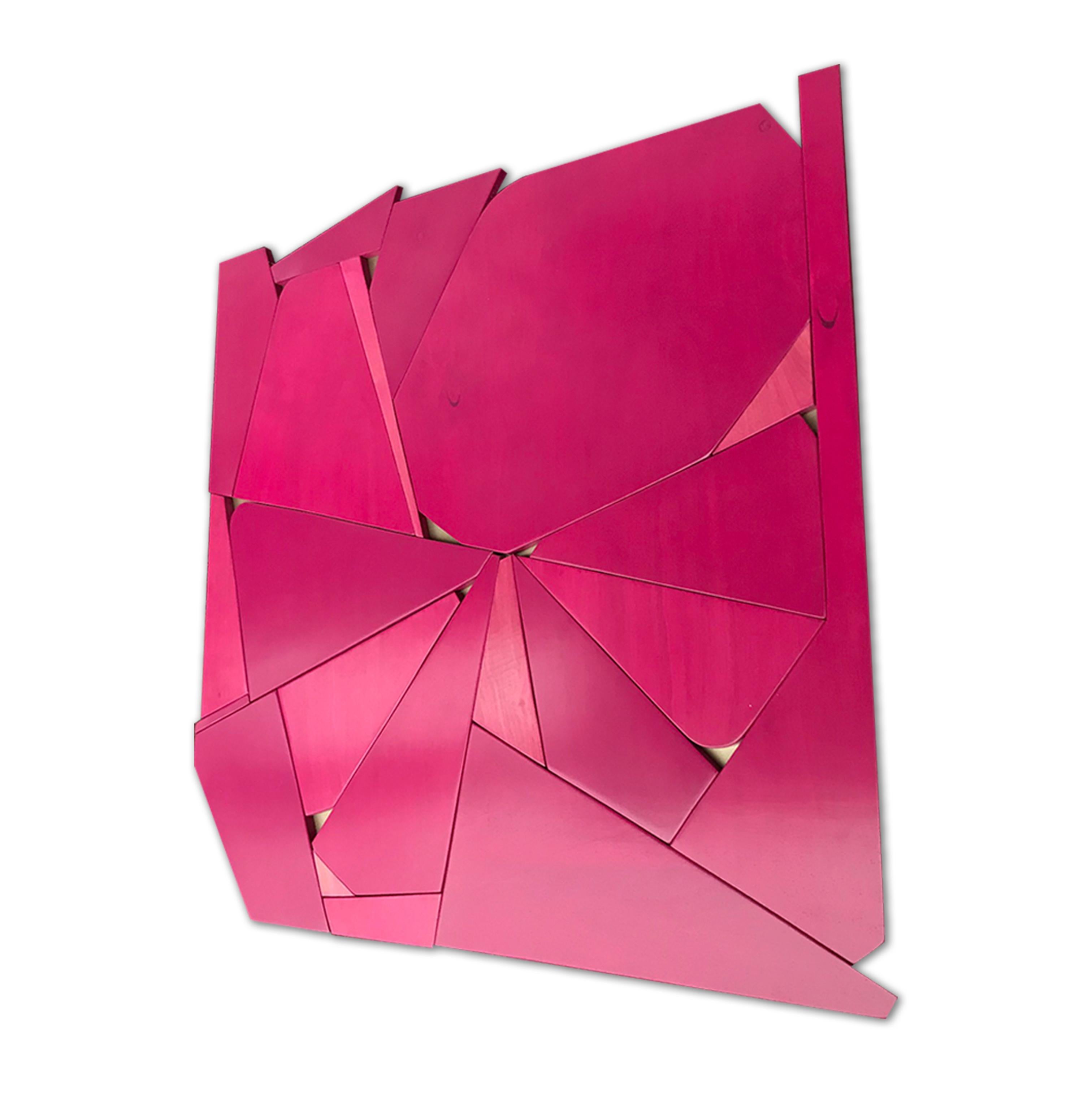 Pinwheel is a modern and refined minimalist wall sculpture made from washed birch panels and mounted on a metallic backer. It is finished with semi-gloss lacquer. Pinwheel is a monochromatic piece that relies on the strength of the color variations