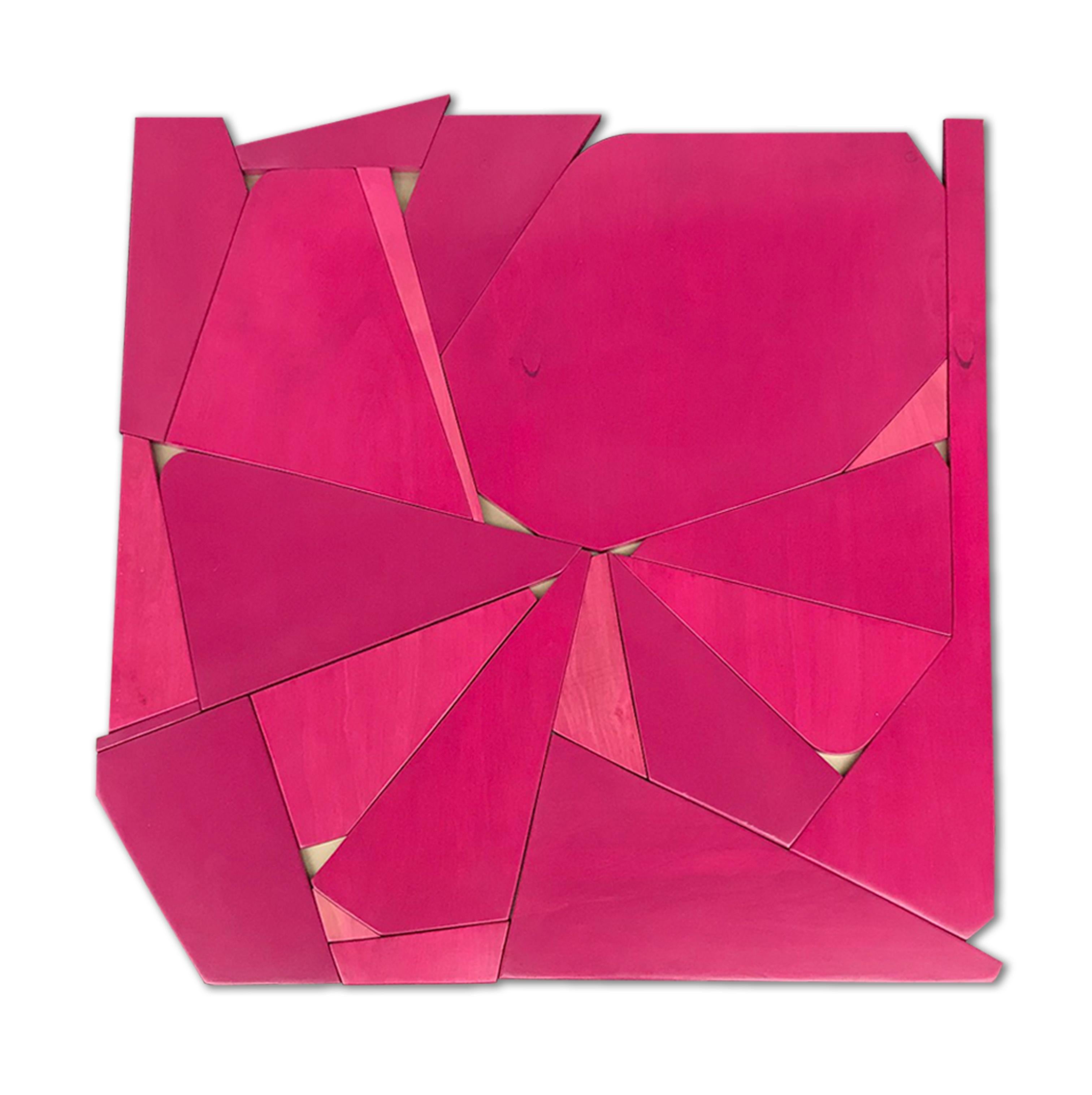 Scott Troxel Abstract Sculpture - "Pinwheel" Mixed Media Wall Sculpture -wood, pink, monochrome, magenta, mcm