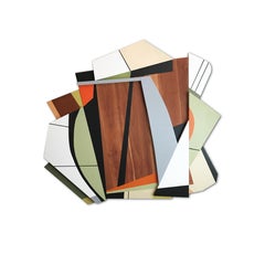 "Quiet Riot IV" Wall Sculpture- green, orange, wood, black, white, frank Stella