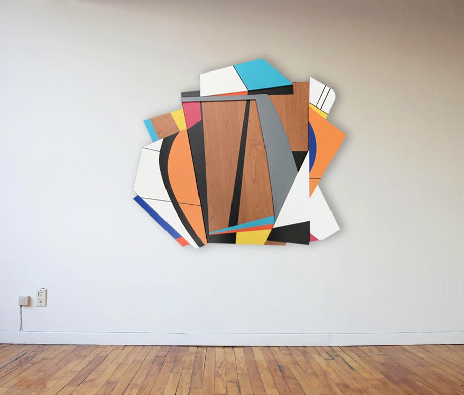 „Quiet Riot VII“ Wandskulptur – blau, orange, Holz, schwarz, weiß, offen Stella (Moderne), Sculpture, von Scott Troxel
