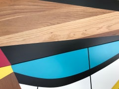 "Quiet Riot VIII" Wall Sculpture- blue, orange, wood, black, white, frank Stella