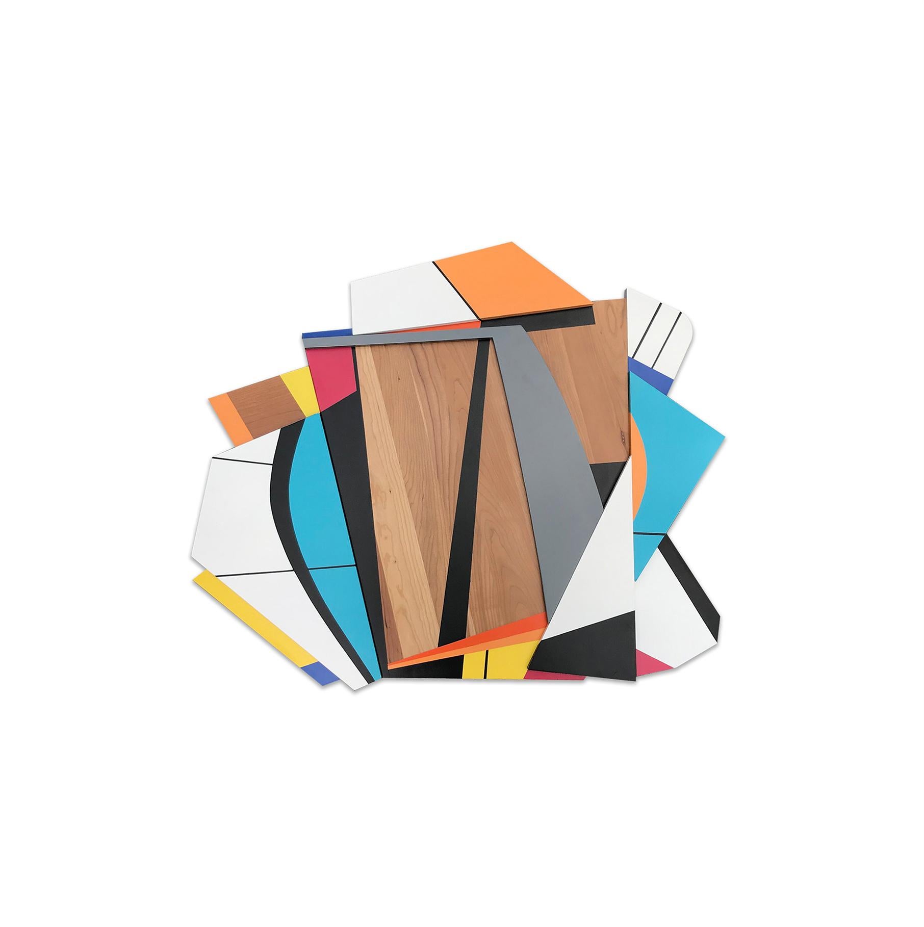 Escultura de pared "Quiet Riot VIII" - azul, naranja, madera, negro, blanco, frank Stella