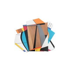 Escultura de pared "Quiet Riot VIII" - azul, naranja, madera, negro, blanco, frank Stella