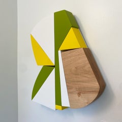 Scultura da parete "Refresher" metà secolo moderno, verde, giallo, MCM, legno, bianco