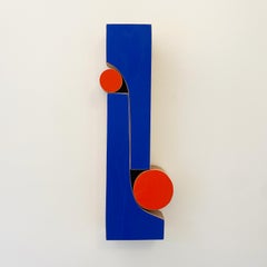 „Signal 2“ Wandskulptur aus Holz, Blau, Orange, Minimalismus, Mid-Century Modern mcm