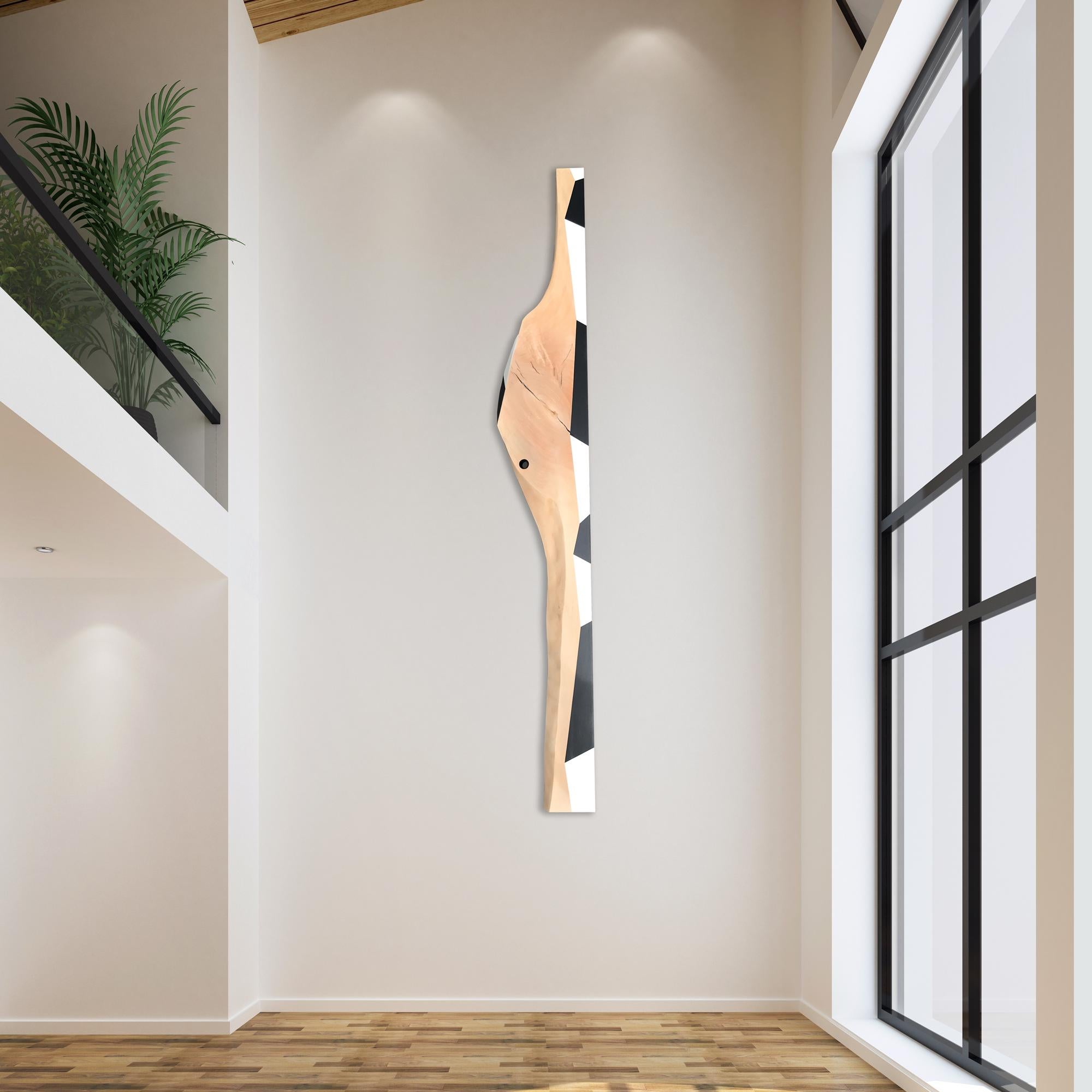 Scott Troxel Abstract Sculpture - "Skinny" Wood Wall Sculpture Modern, white, tan, black, brown, modern rustic mcm