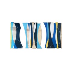"Solar Trees VII" Mixed Media Wall Sculpture - MCM, blue, yellow, white, wood,