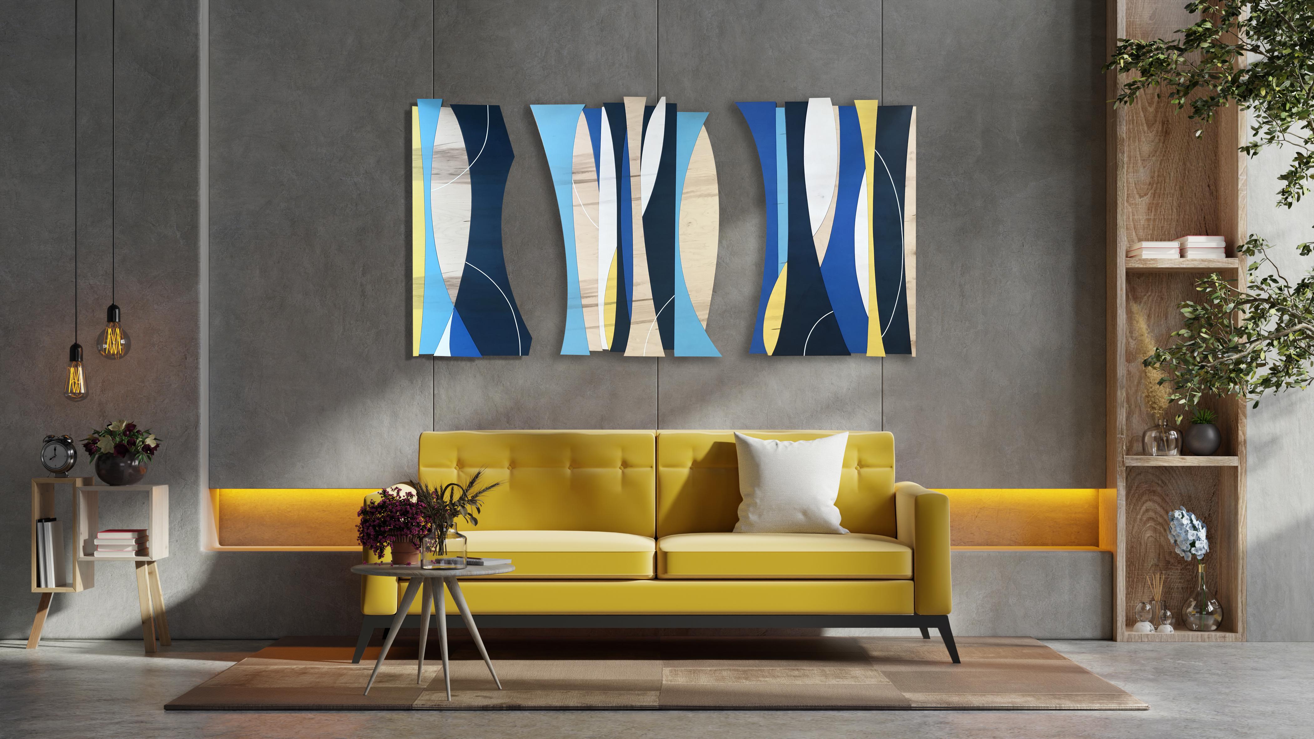 NOTE: This is a commission piece, made after the original.  It can be commissioned in custom sizes.  Allow 3-4 weeks plus shipping.

Solar Trees is a modern abstract three piece wall sculpture made from acrylic, birch and satin lacquer. This is the