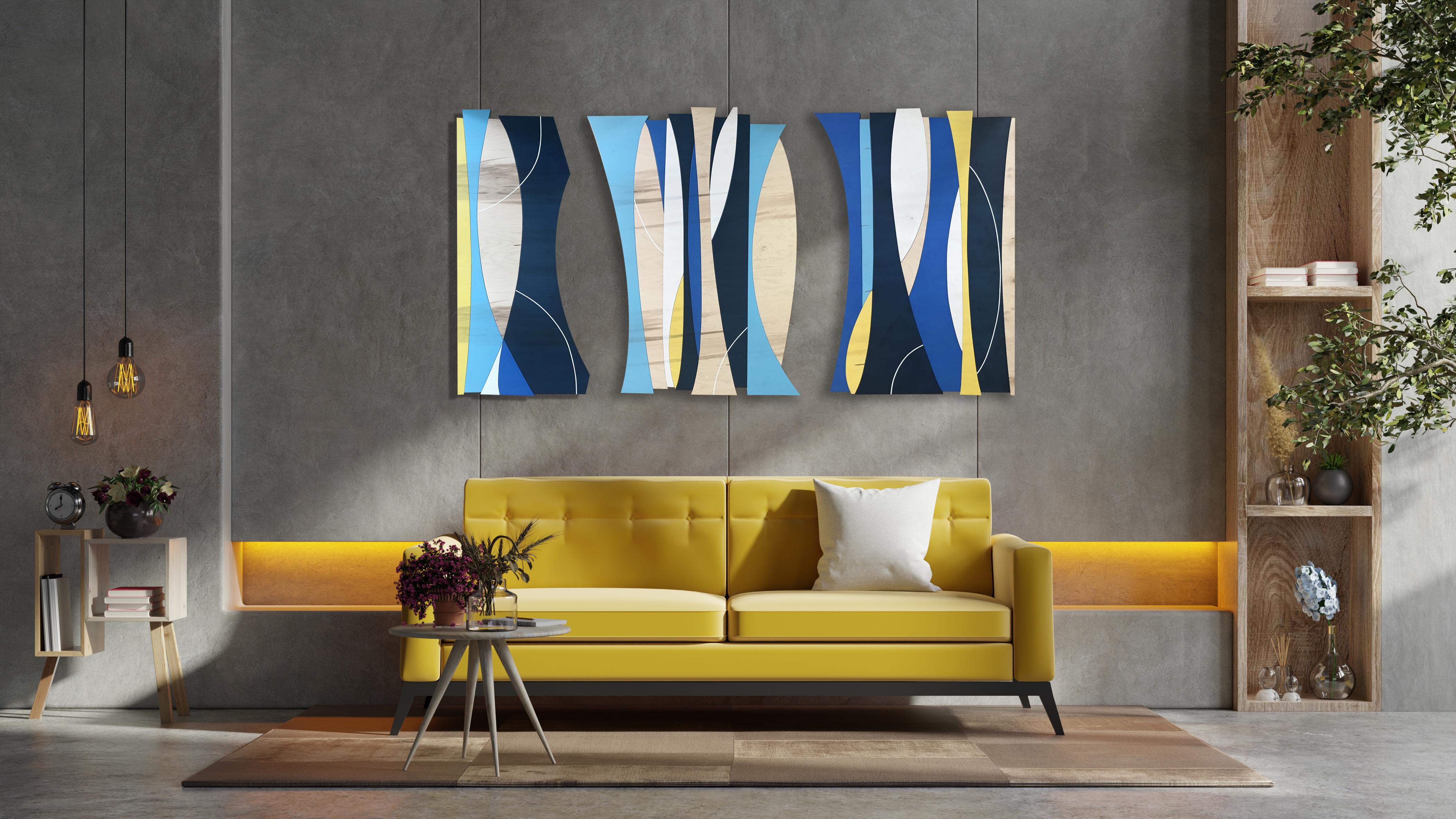 Sculpture murale « Arbres solaires » - MCM, bleu, jaune, blanc, bois, milieu du siècle - Moderne Mixed Media Art par Scott Troxel