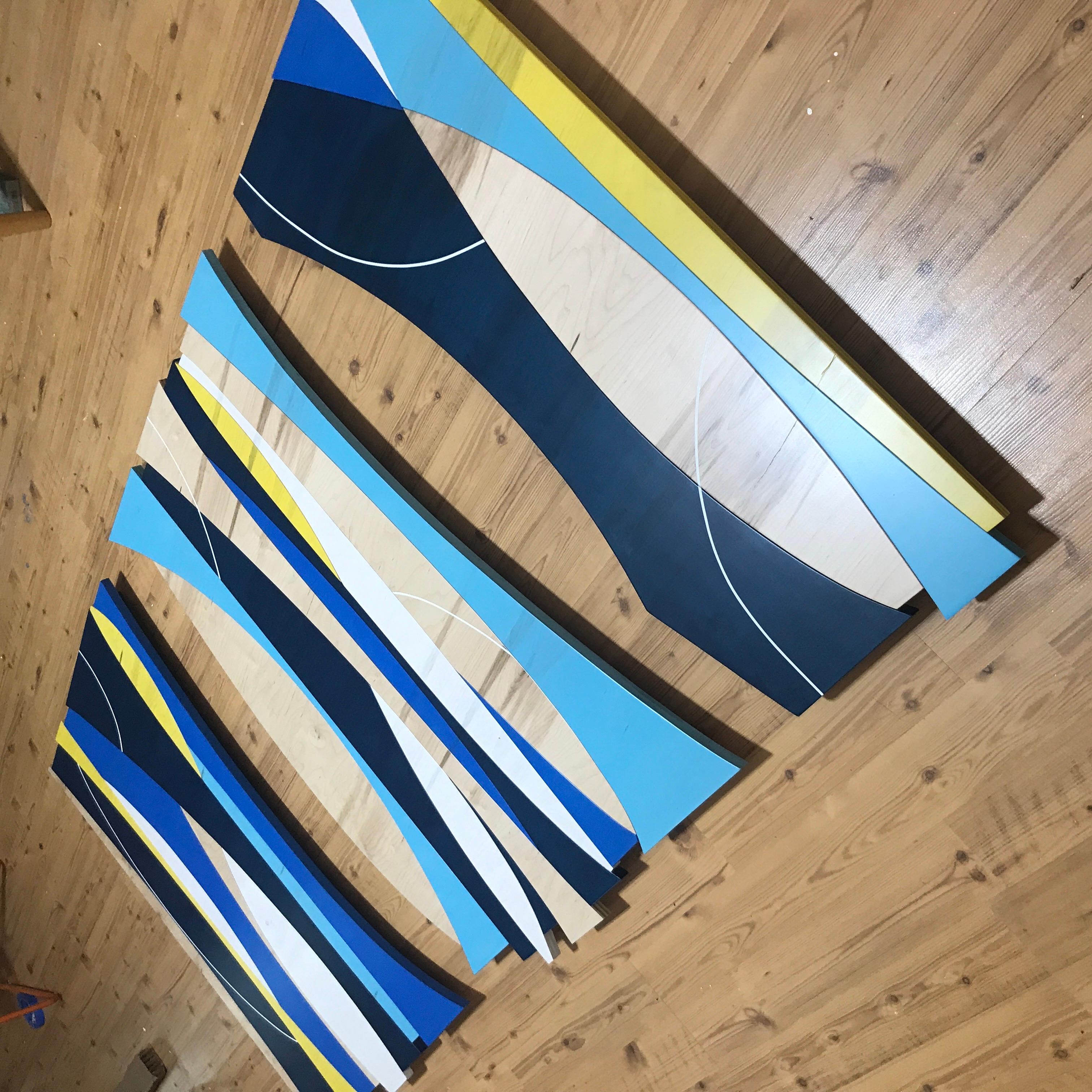 Sculpture murale « Arbres solaires » - MCM, bleu, jaune, blanc, bois, milieu du siècle en vente 1